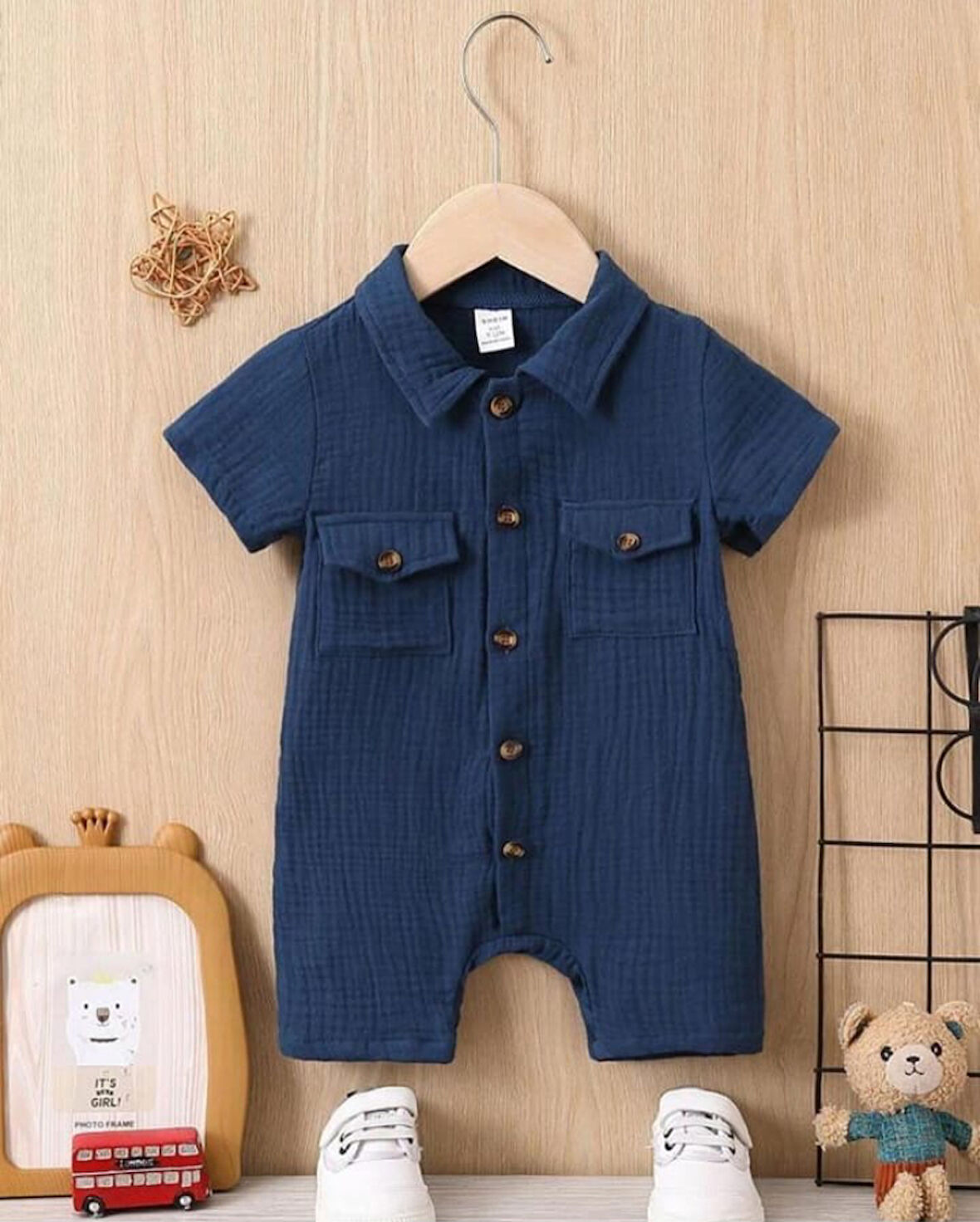 Unisex Bebek&Çocuk %100 Pamuklu Tahta Düğmeli Cepli Müslin Tulum-Mavi | 6-9 ay