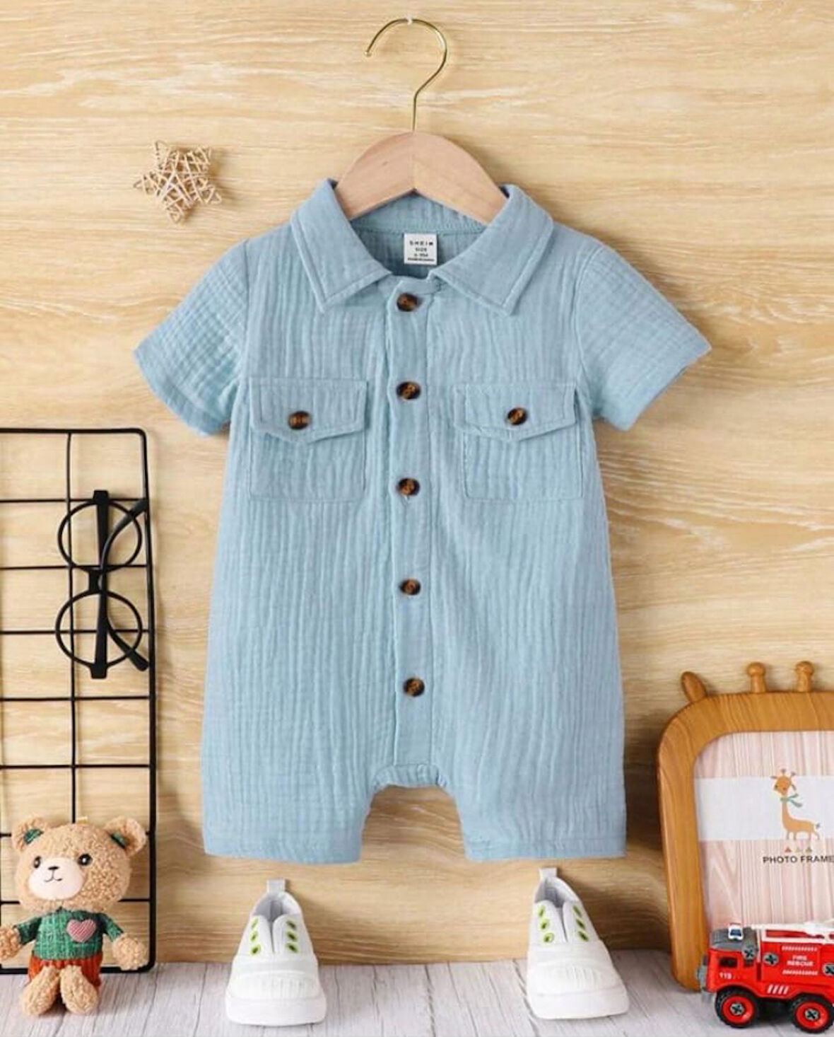 Unisex Bebek&Çocuk %100 Pamuklu Tahta Düğmeli Cepli Müslin Tulum-Turkuaz | 3-6 ay