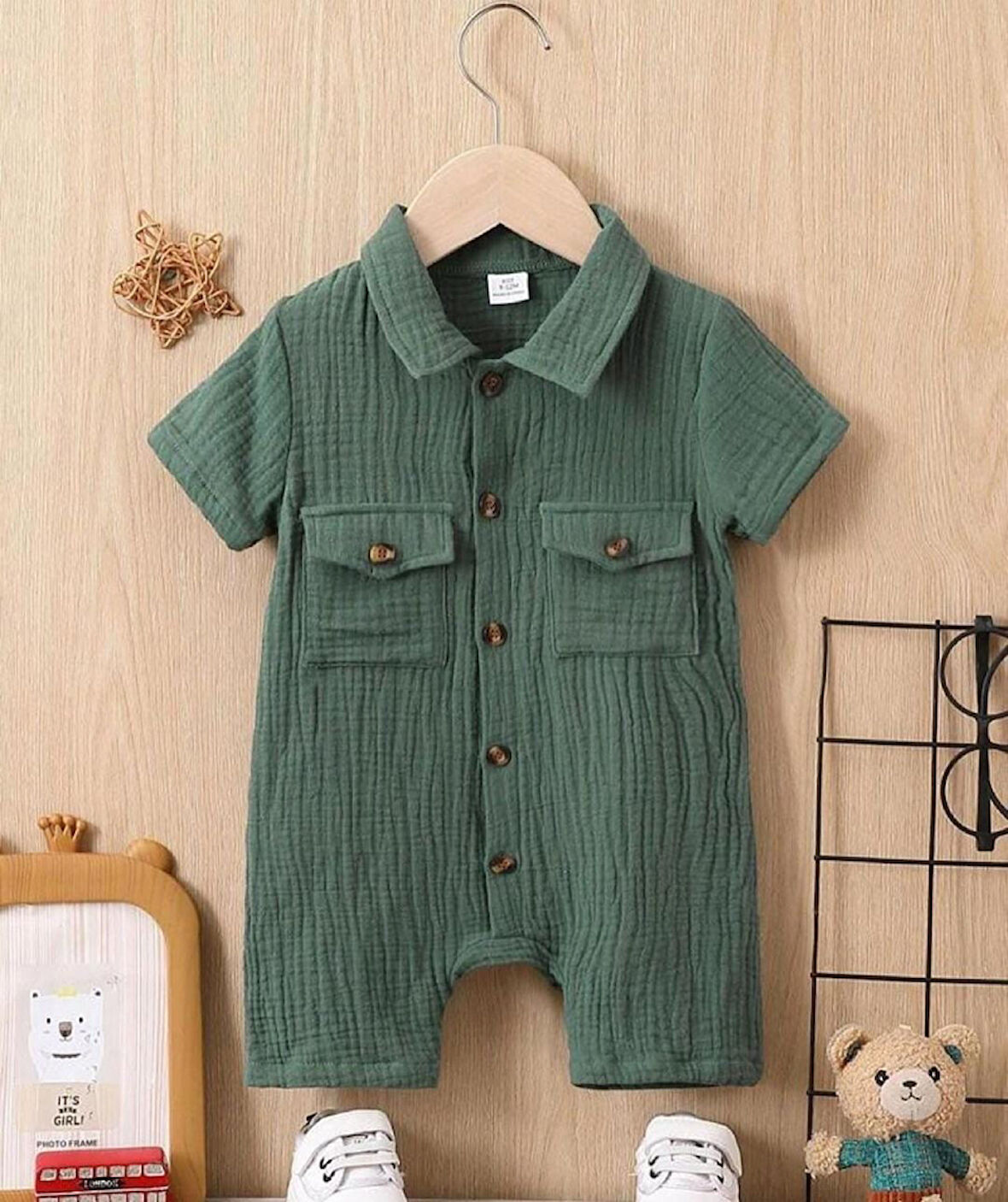 Unisex Bebek&Çocuk %100 Pamuklu Tahta Düğmeli Cepli Müslin Tulum-Yeşil | 6-9 ay