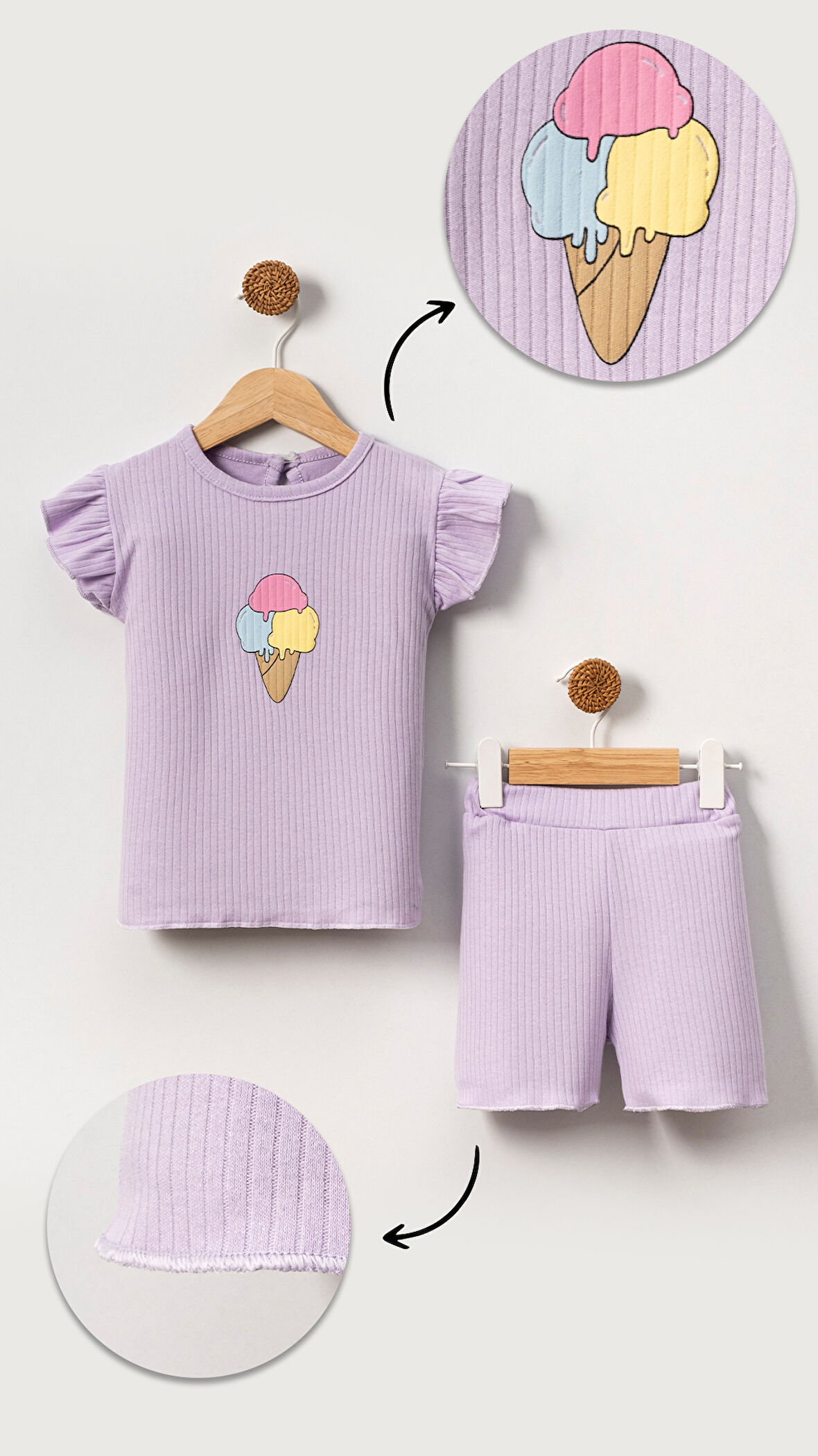 Kabartmalı Dondurma Görselli Pamuklu Kız Bebek Şort Takım-Mor | 9-12 ay