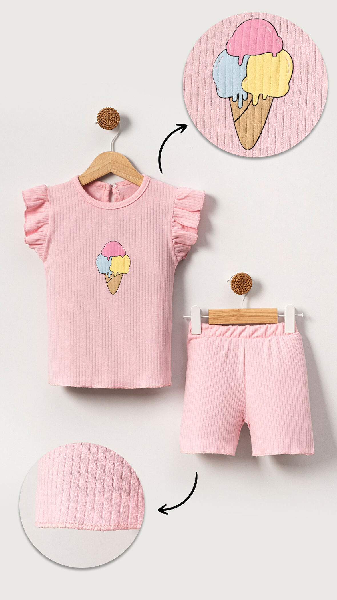 Kabartmalı Dondurma Görselli Pamuklu Kız Bebek Şort Takım-Pembe | 12-18 ay