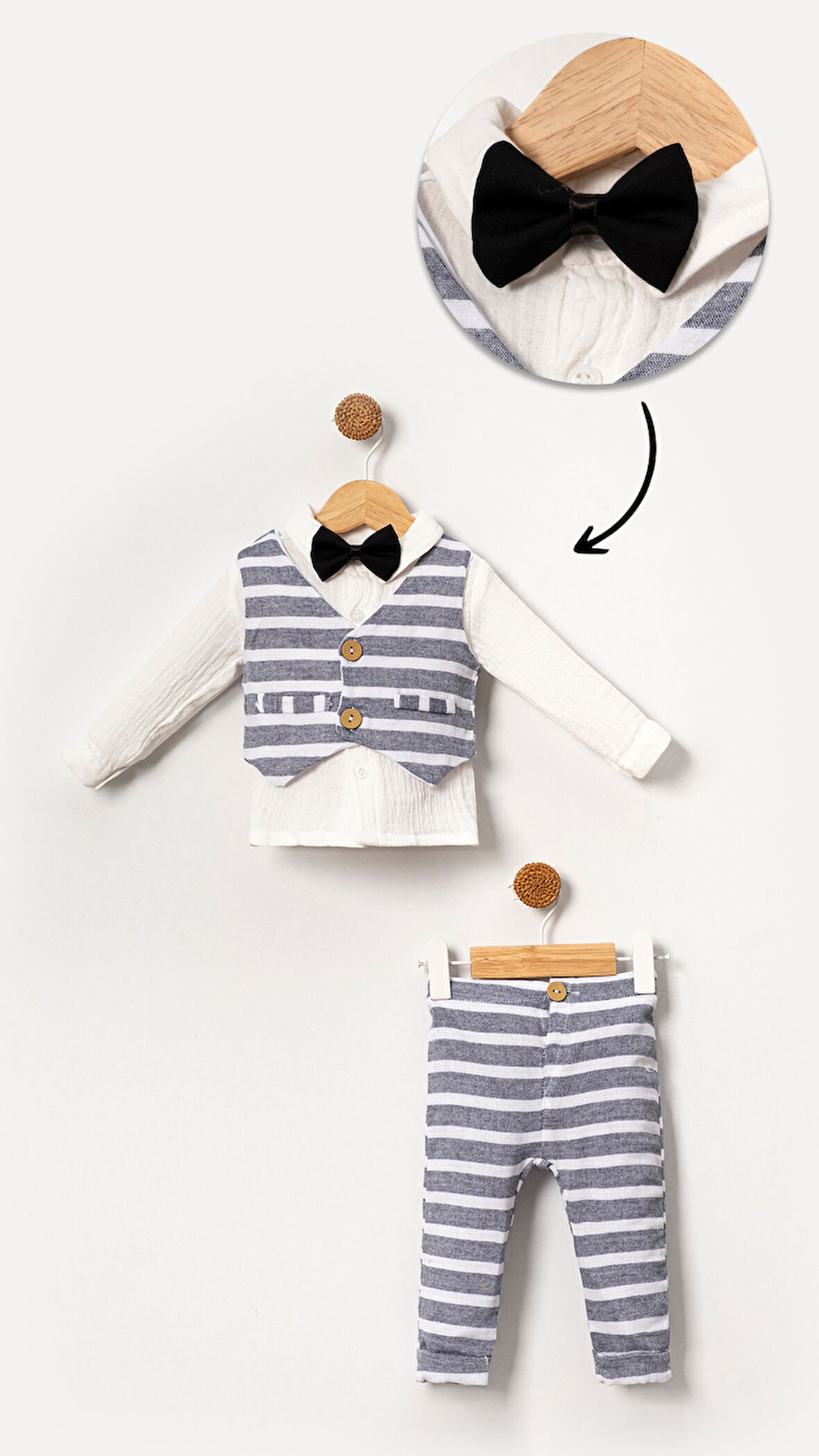 Müslin Papyonlu Yelekli Erkek Bebek&Çocuk 4'lü Takım Seti-Gri | 12-18 ay