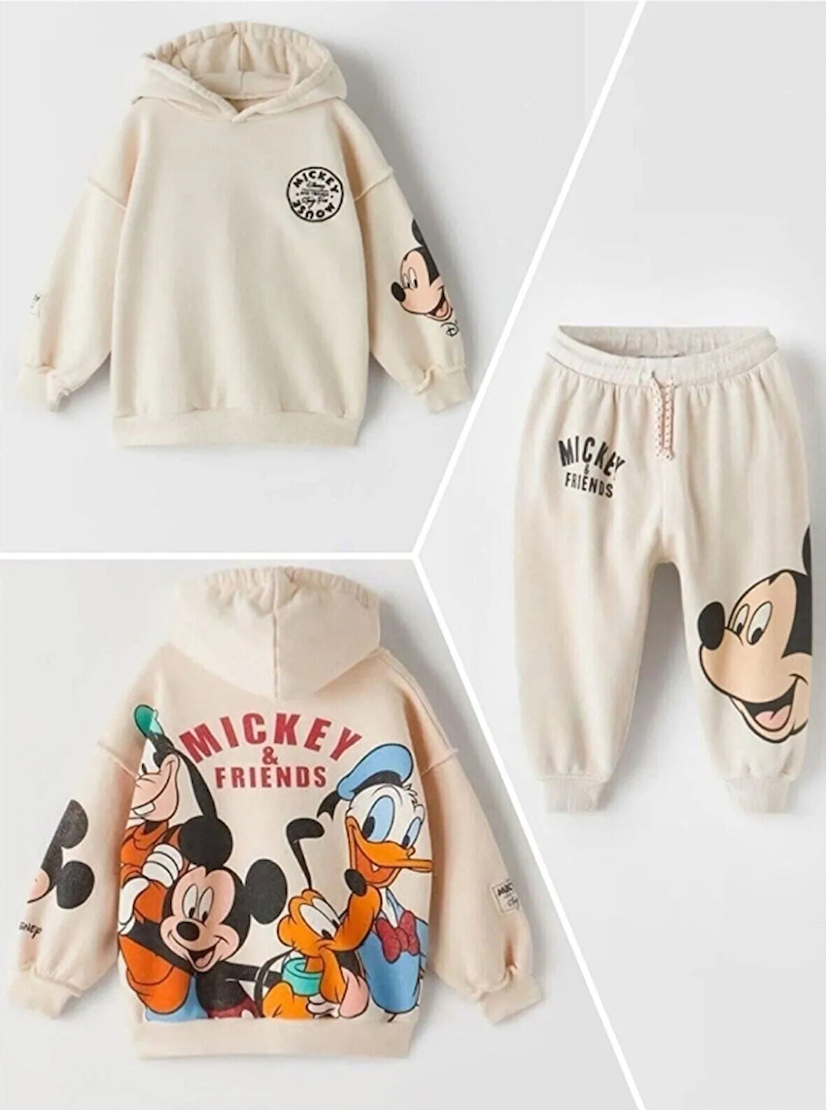 Mickey Mouse Görselli Kapüşonlu Bebek Çocuk Alt Üst Takım-Koyu Bej | 5-6 Yaş
