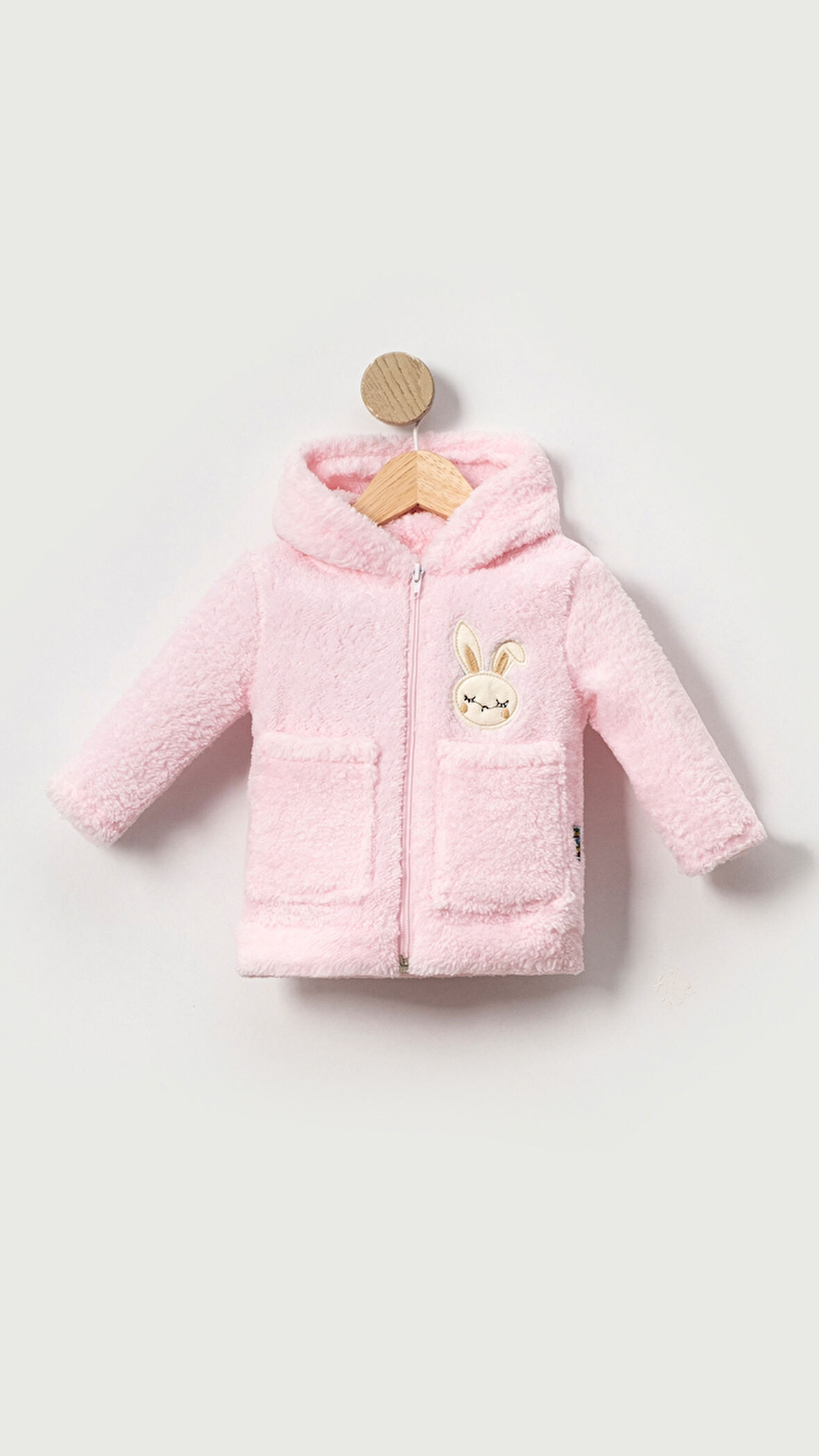 Tavşan Nakışlı Fermuarlı Cepli Kız Bebek Peluş Welsoft Kışlık Hırka-Pembe | 2-3 Yaş