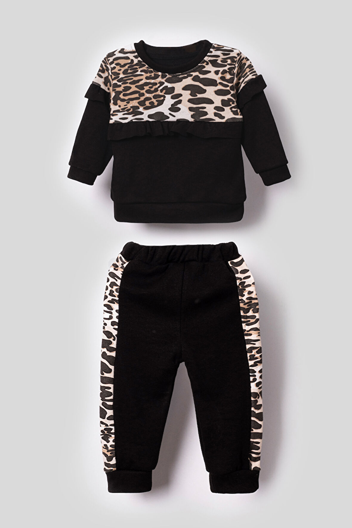 Leopar Detaylı Fırfırlı Kız Bebek Çocuk Alt Üst 2'li Takım-Siyah | 6-9 ay