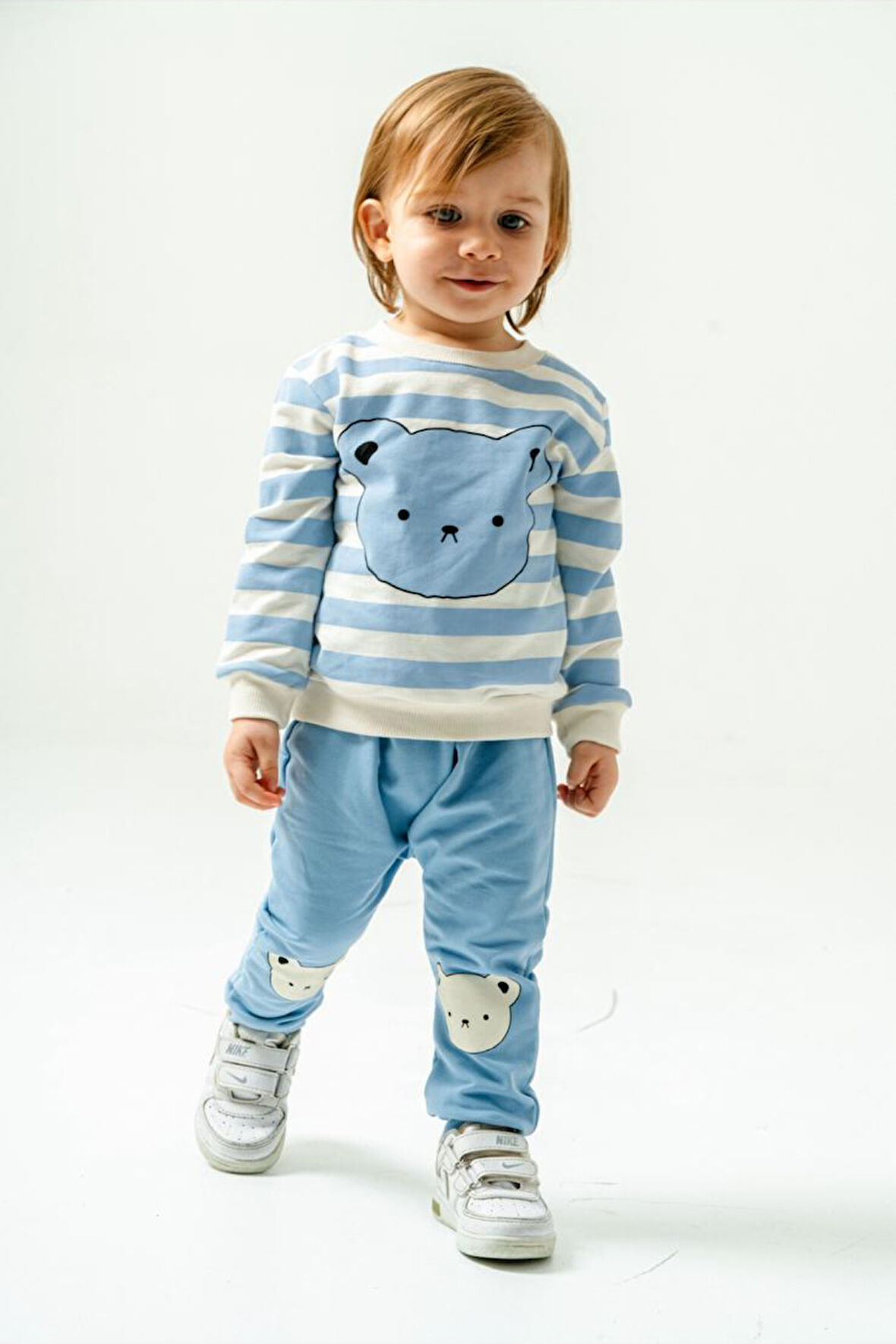 Çizgi Temalı Ayı Görselli Bebek Alt Üst Takım-Turkuaz | 6-9 ay