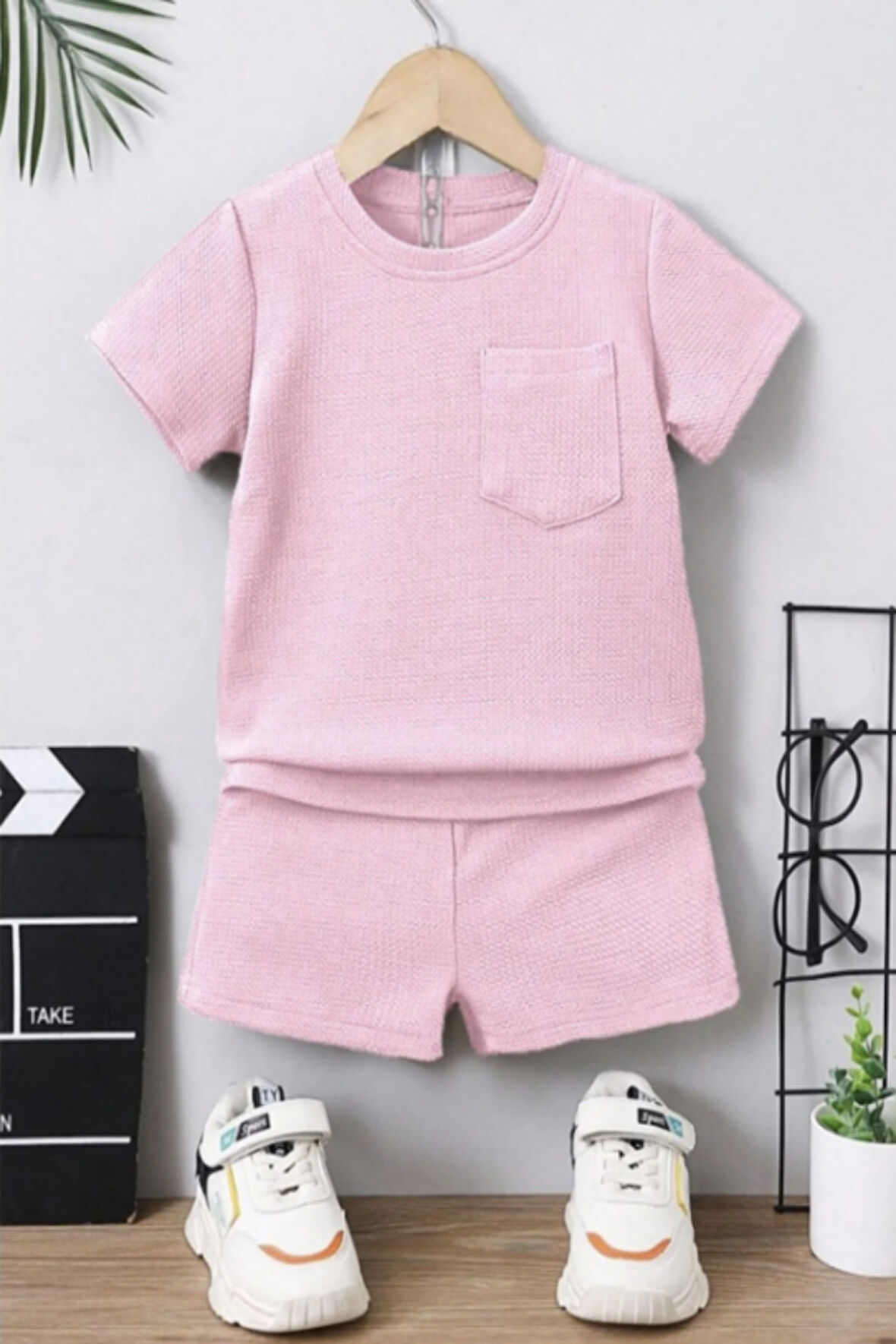 Waffle Görselli Cep Detaylı Pamuklu Yazlık Bebek Çocuk Şort Takım-Pembe | 4 Yaş