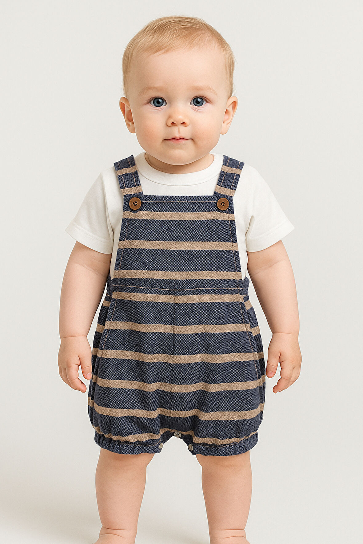 Çizgili Tshirt Detaylı Çıtçıtlı Pamuklu Yazlık Bebek Slopet Takım-Mavi | 3-6 ay