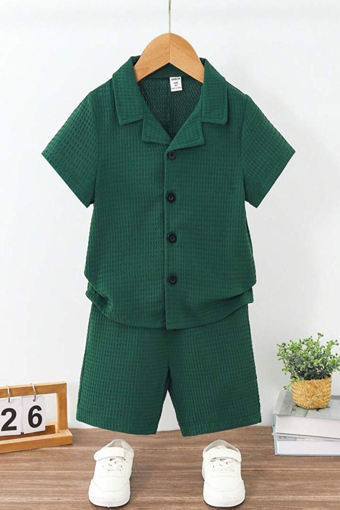 V Yaka Gömlek Detaylı Pamuklu Waffle Şort Takım-Haki | 3 Yaş