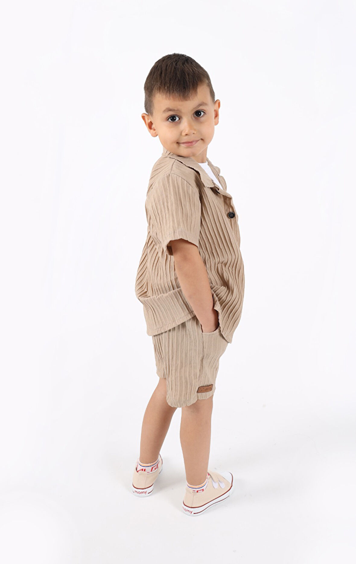 Armalı Şık Yazlık 3'lü Bebek&Çocuk Gömlek Şort Takım-Bej | 4 Yaş