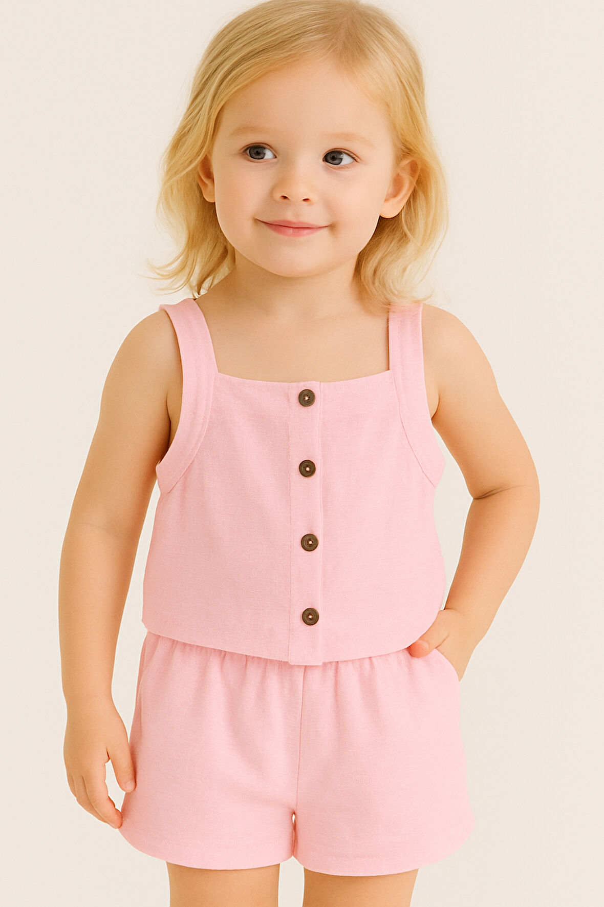 Asklılı Müslin Kız Bebek Yazlık Şort 2'li Takım-Pembe | 6-9 ay
