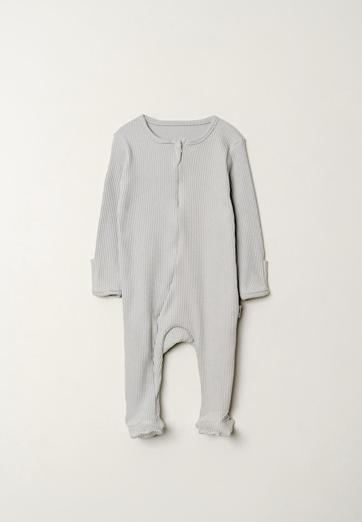 Gizli Fermuarlı Tam Ayaklı Pamuklu Bebek Tulum-Gri | 3-6 ay