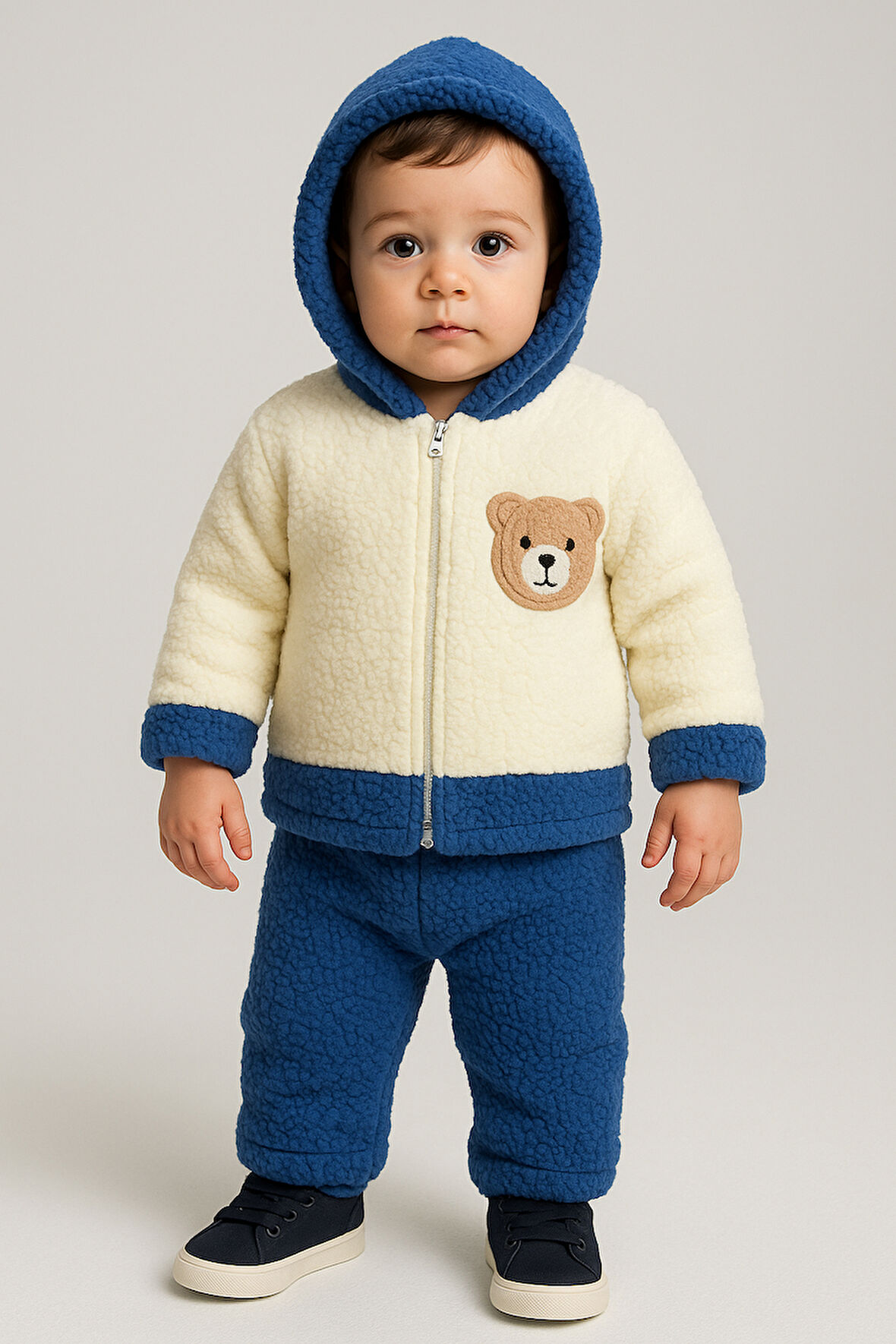 Ayı Nakışlı Kışlık Peluş Welsoft 2'li Kapüşonlu Takım-Mavi | 12-18 ay