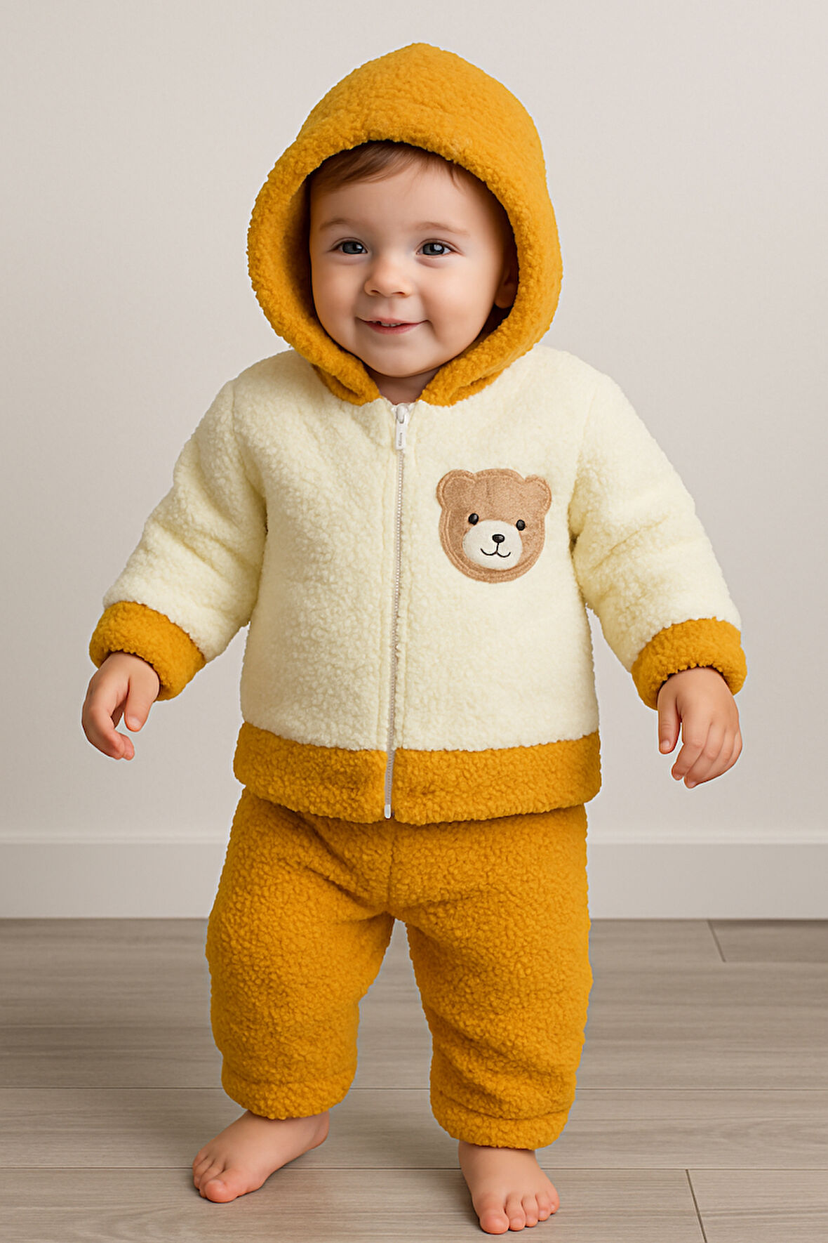 Ayı Nakışlı Kışlık Peluş Welsoft 2'li Kapüşonlu Takım-Hardal | 6-9 ay