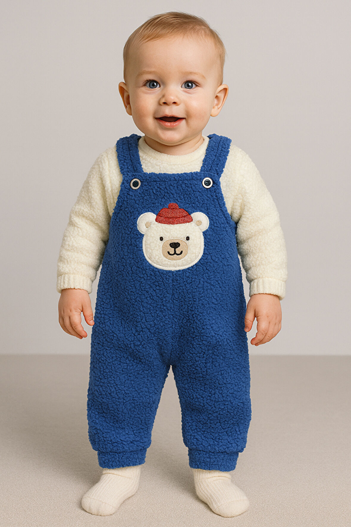 Ayı Nakışlı Kışlık Peluş Welsoft Bebek Tulum-Mavi | 12-18 ay