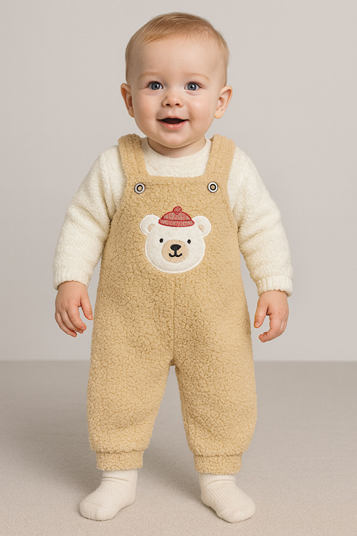 Ayı Nakışlı Kışlık Peluş Welsoft Bebek Tulum-Bej | 1 Yaş