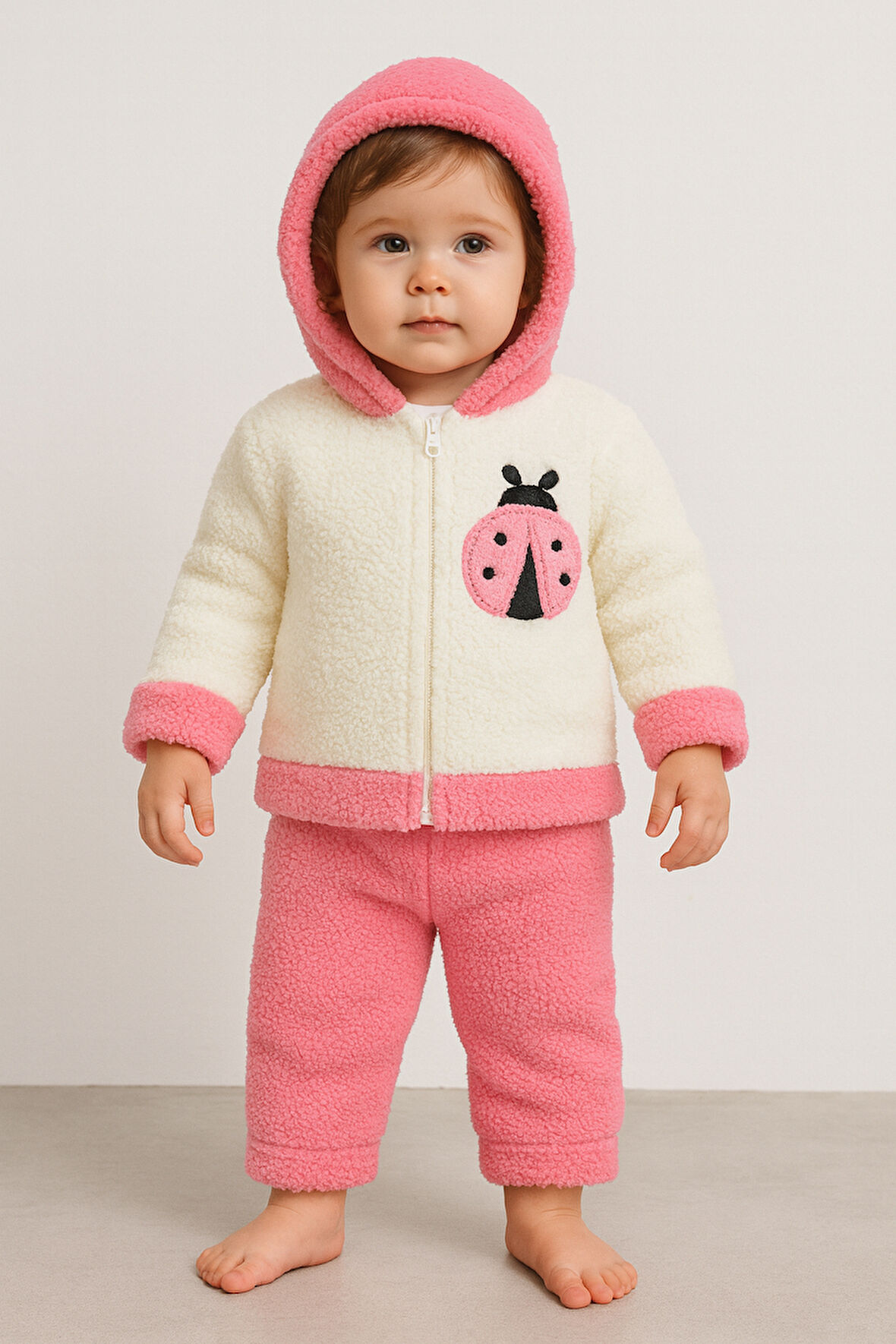 Uğur Böceği Nakışlı Kışlık Peluş Welsoft 2'li Kapüşonlu Takım-Fuşya | 2 Yaş