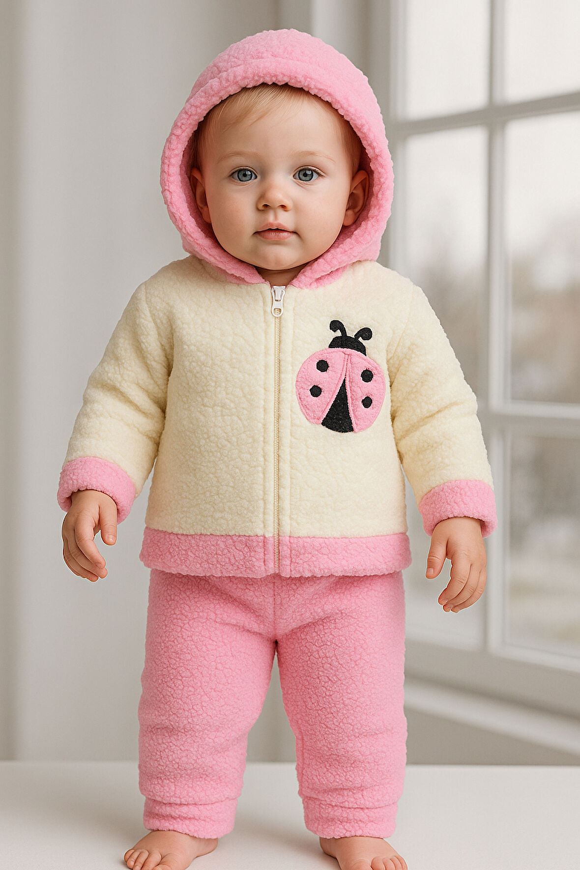 Uğur Böceği Nakışlı Kışlık Peluş Welsoft 2'li Kapüşonlu Takım-Pembe | 12-18 ay