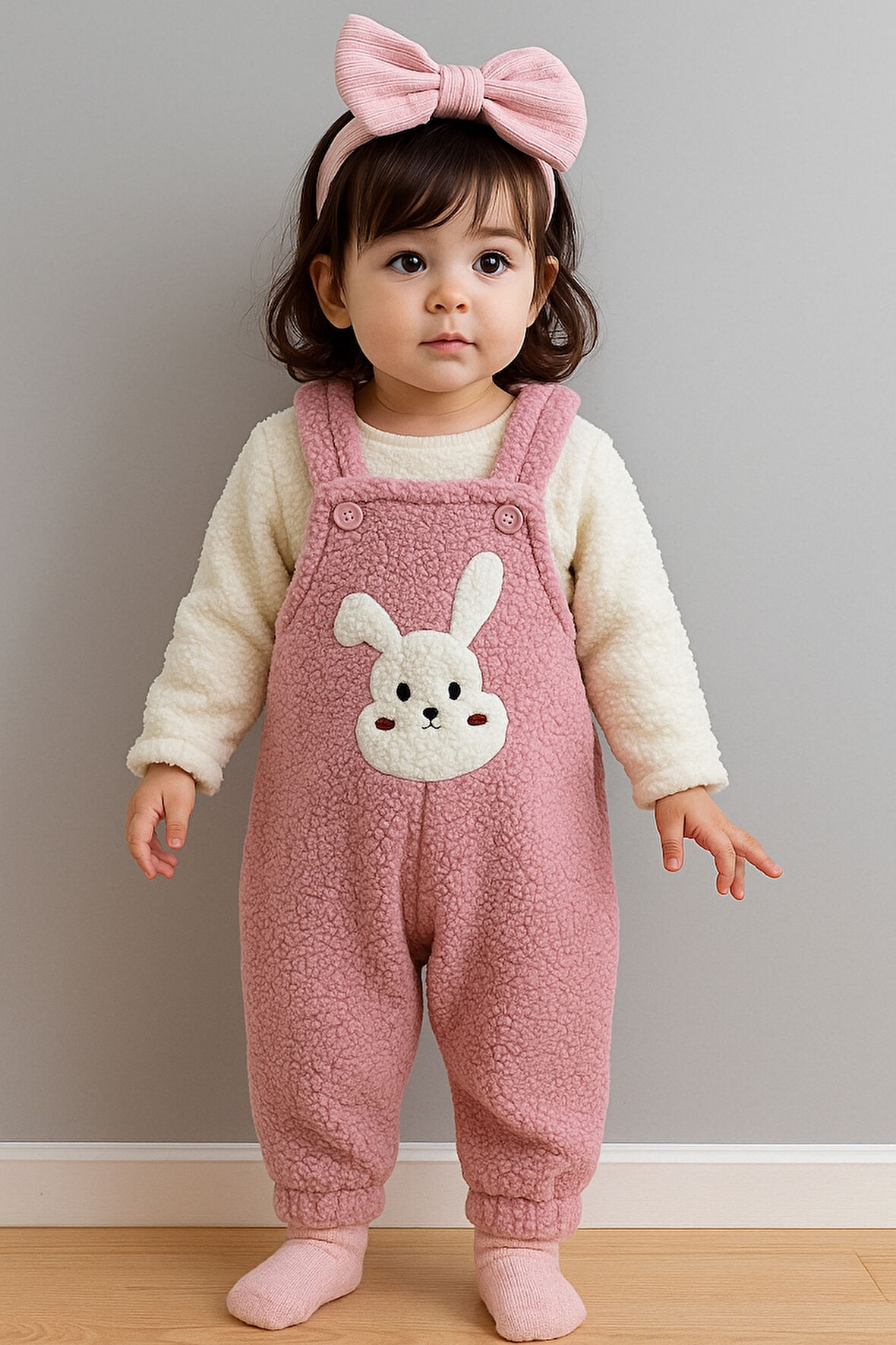 Tavşan Nakışlı Kışlık Peluş Welsoft Bebek Tulum-Somon | 12-18 ay