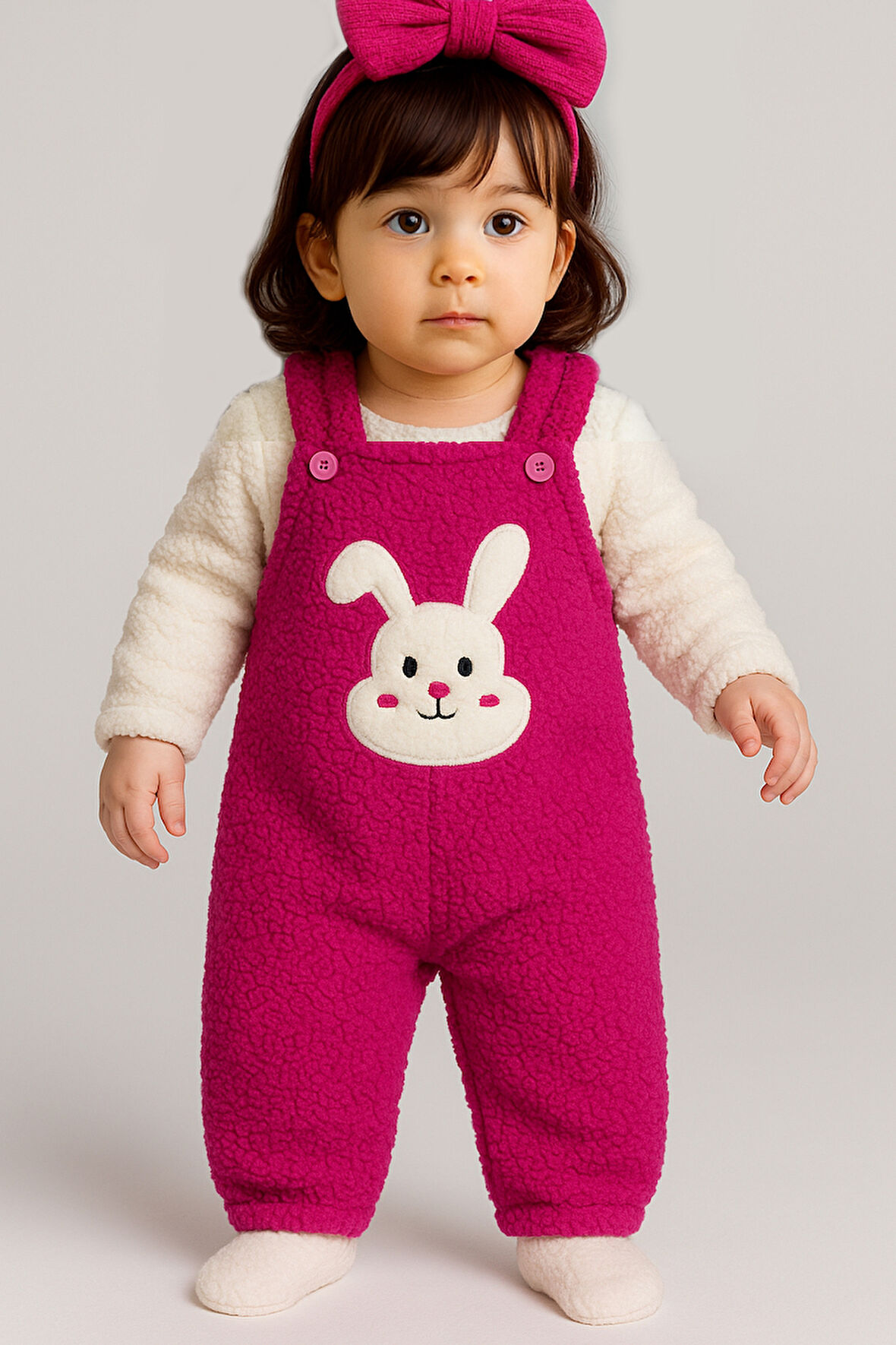 Tavşan Nakışlı Kışlık Peluş Welsoft Bebek Tulum-Fuşya | 12-18 ay