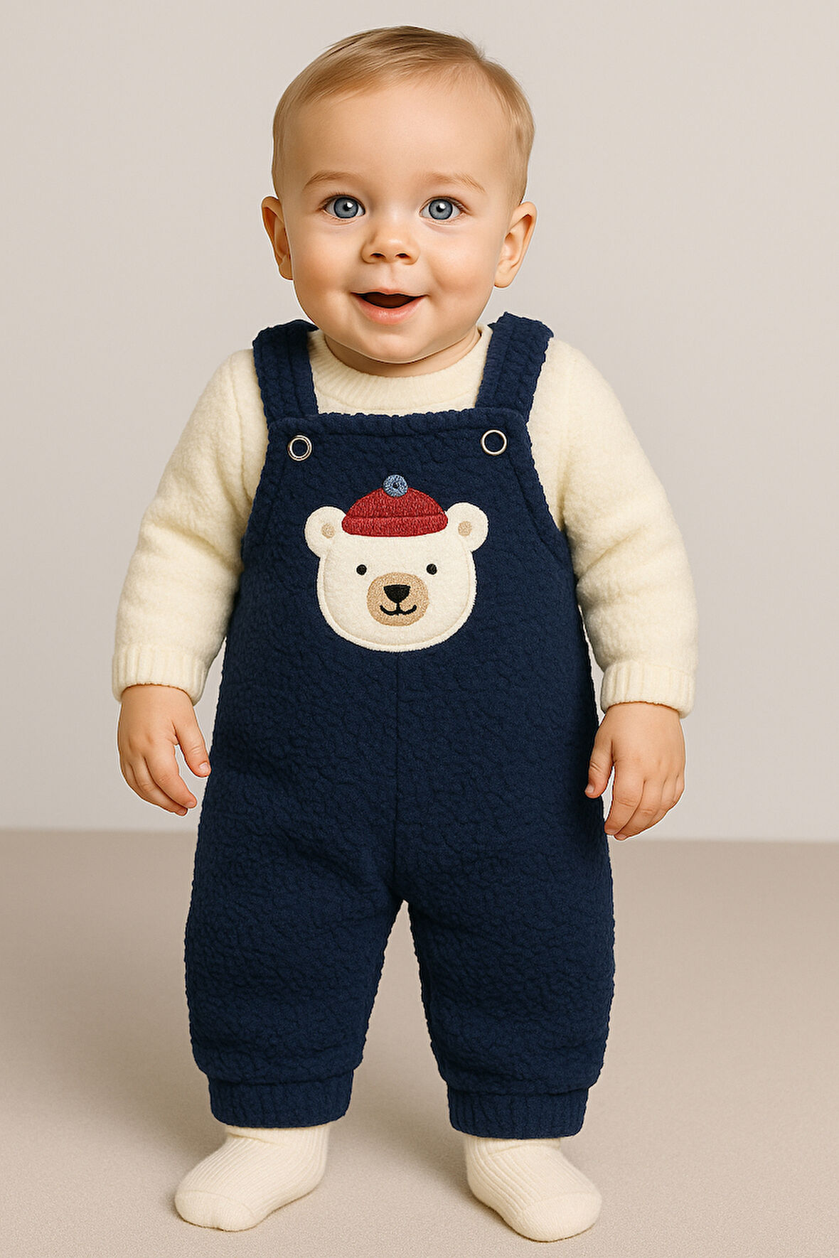 Ayı Nakışlı Kışlık Peluş Welsoft Bebek Tulum-Lacivert | 1 Yaş