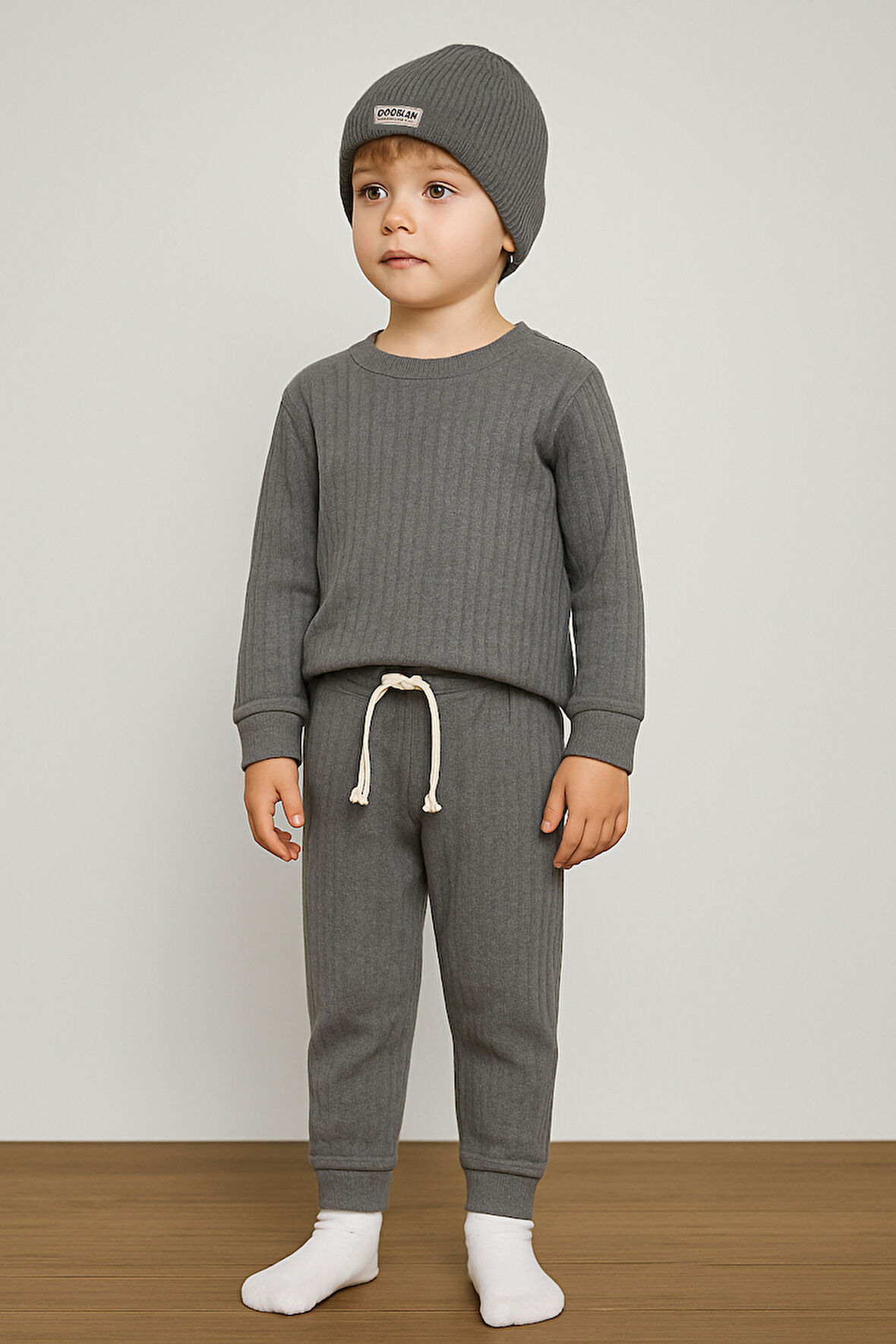 Şapkalı Bebek&Çocuk Alt Üst 3'lü Takım-Gri | 12-18 ay