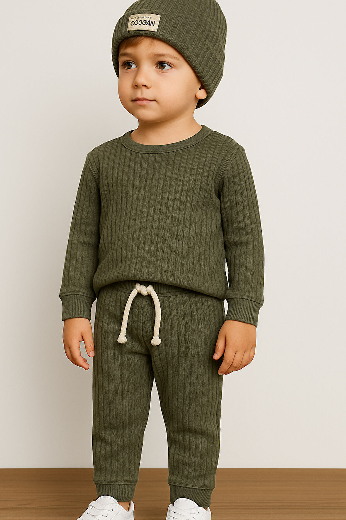 Şapkalı Bebek&Çocuk Alt Üst 3'lü Takım-Yeşil | 3-6 ay