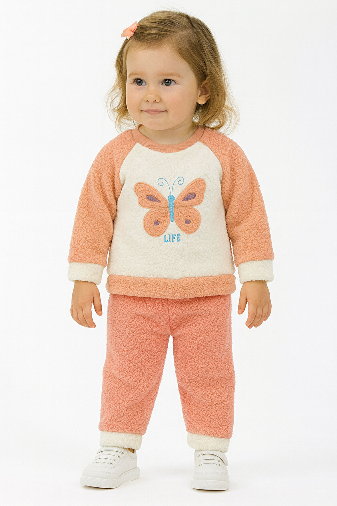 Kelebek Görselli Kışlık Peluş Welsoft Kız Bebek Çocuk 2'li Takım-Turuncu | 6-9 ay