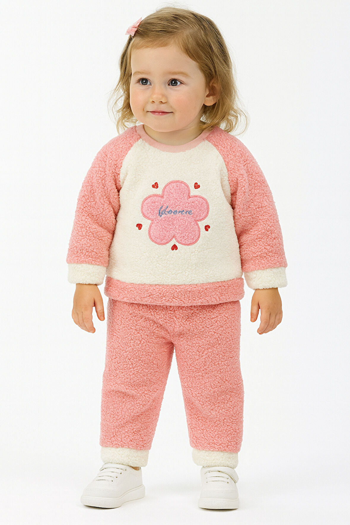 Çiçek Görselli Kışlık Peluş Welsoft Kız Bebek Çocuk 2'li Takım-Somon | 1 Yaş