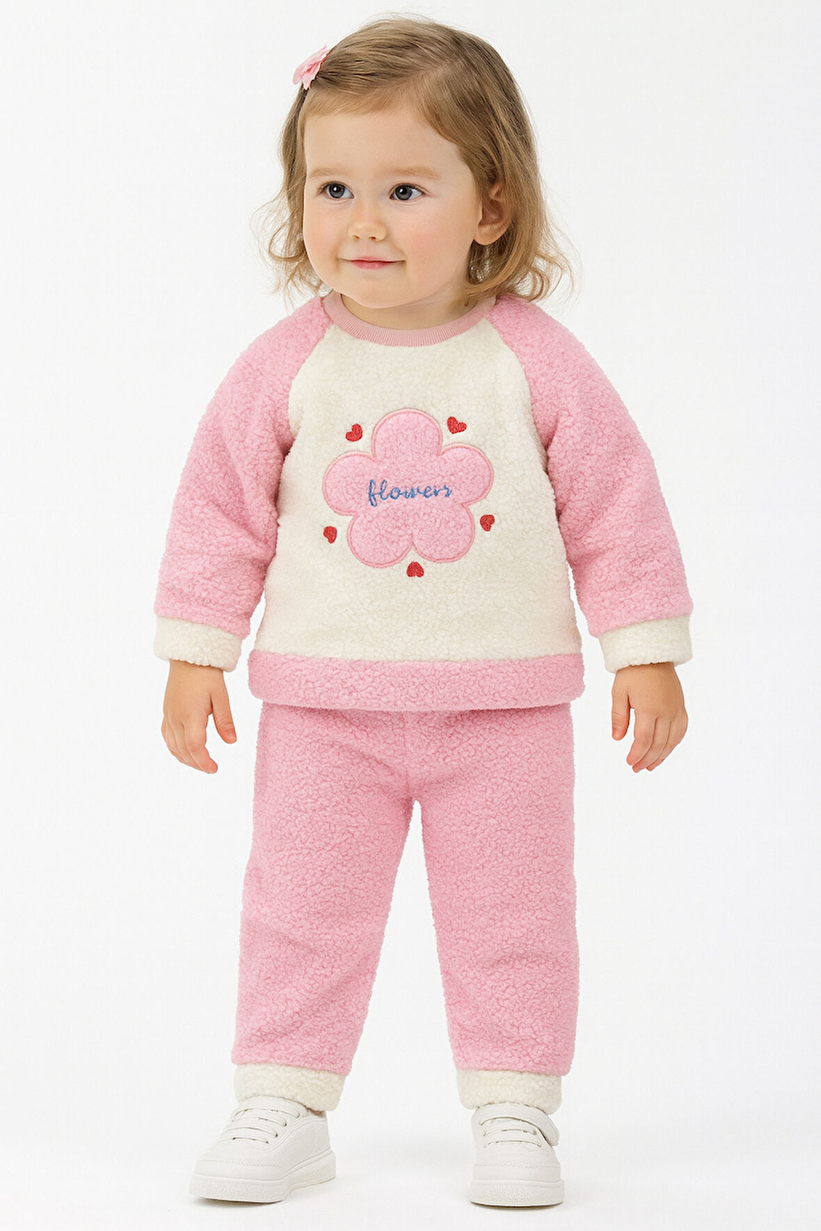 Çiçek Görselli Kışlık Peluş Welsoft Kız Bebek Çocuk 2'li Takım-Pembe | 6-9 ay