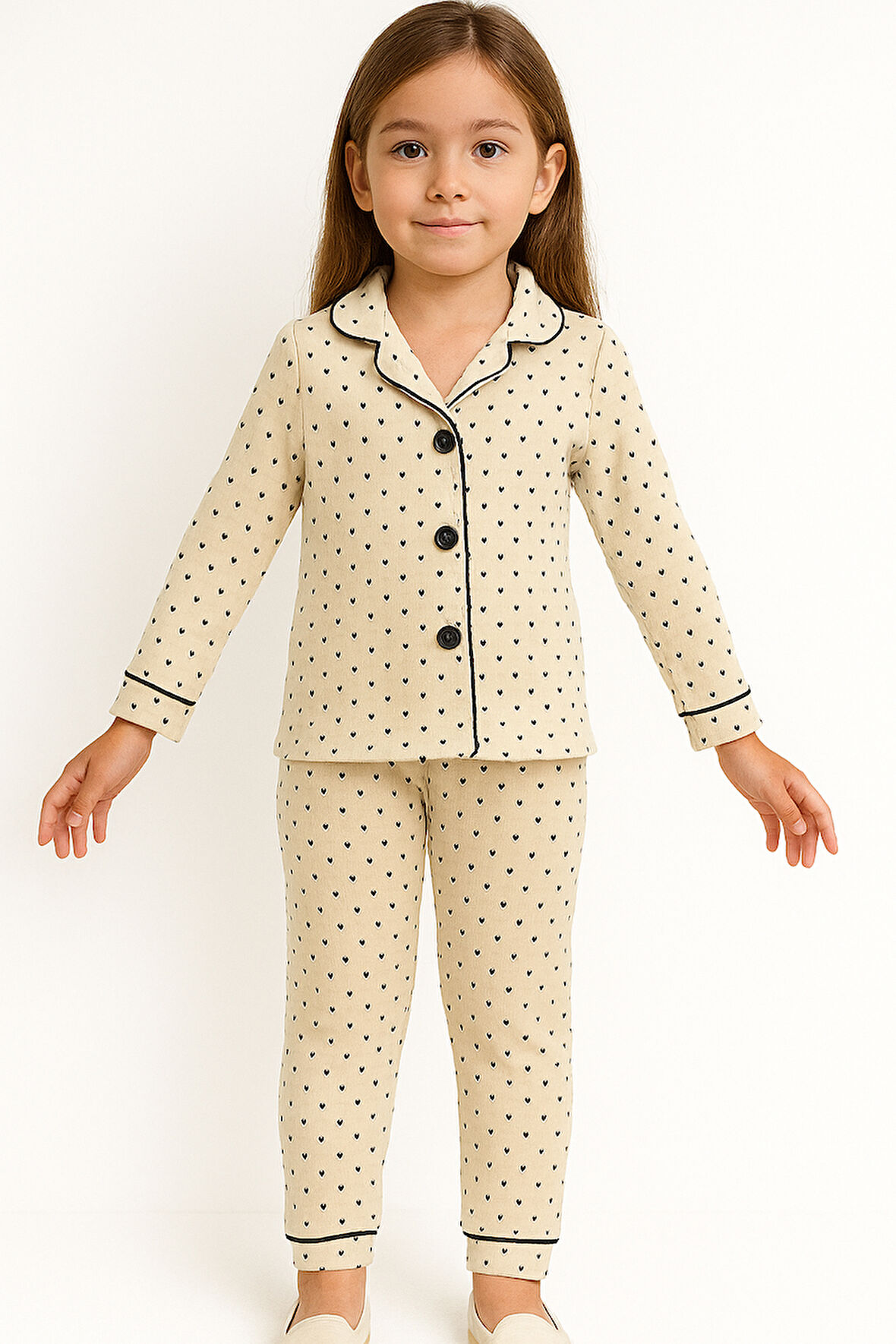 Puantiye Desenli Kız Bebek Çocuk Alt Üst 2'li Pijama Takım-Bej | 3 Yaş