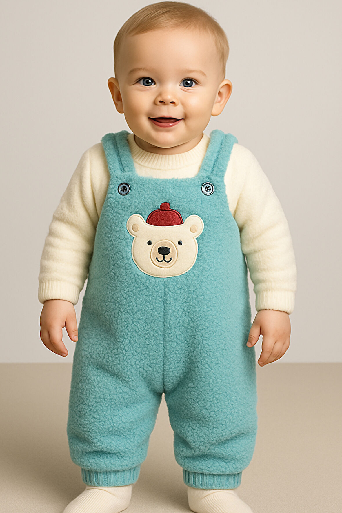 Ayı Nakışlı Kışlık Peluş Welsoft Bebek Tulum-Yeşil | 1 Yaş