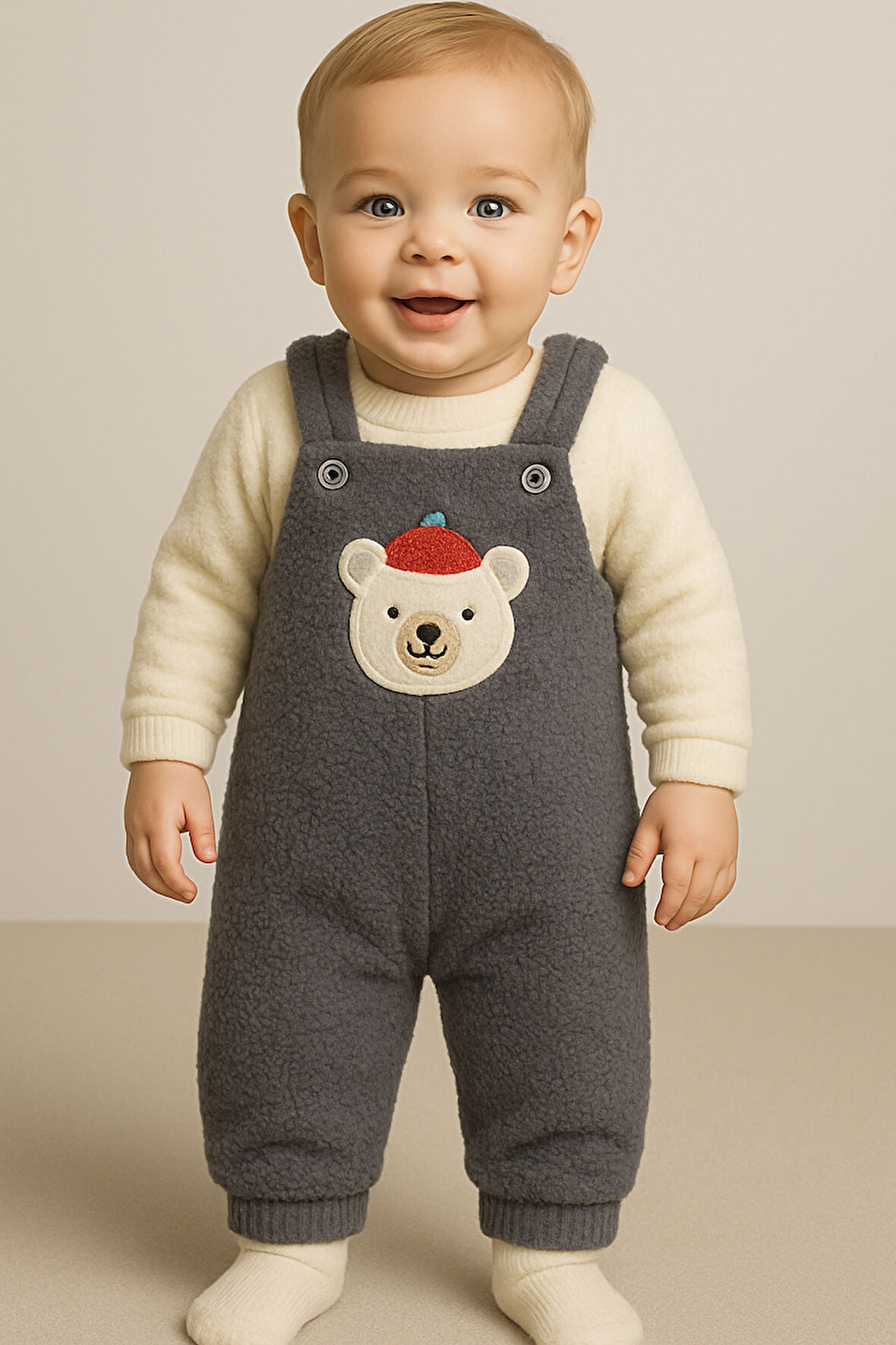 Ayı Nakışlı Kışlık Peluş Welsoft Bebek Tulum-Gri | 1 Yaş
