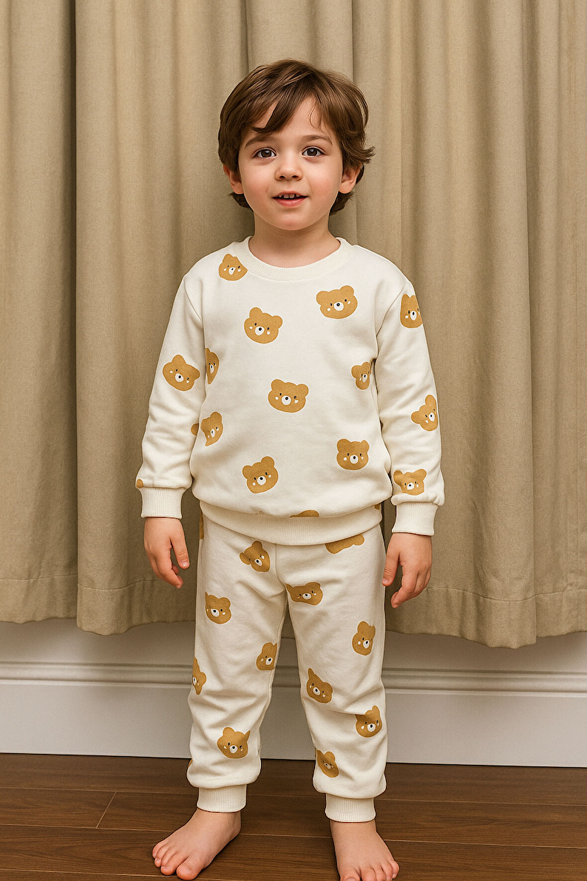 Ayıcık Desenli Bebek&Çocuk Pamuklu Alt Üst Takım-Beyaz | 2 Yaş