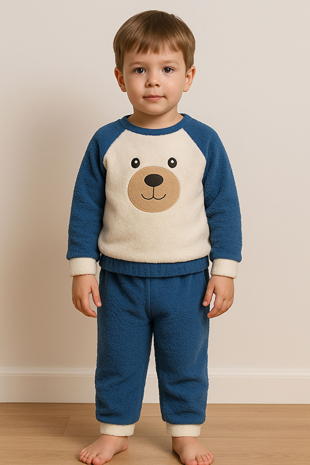 Ayıcık Nakışlı Bebek&Çocuk Kışlık Peluş Welsoft Alt Üst Takım-Mavi | 6-9 ay