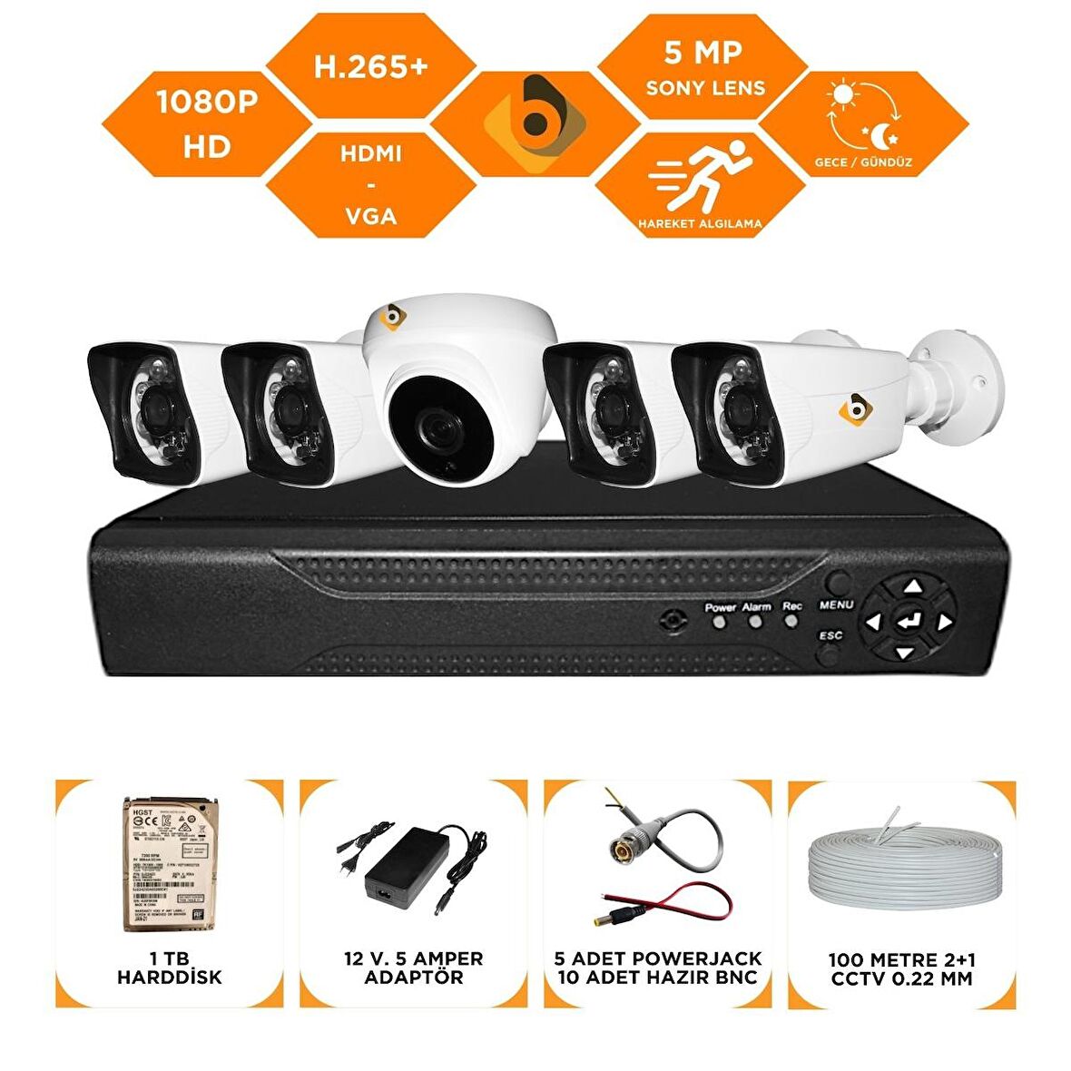 Bycam 5 Kameralı Gece Görüşlü Full Hd 1080P Kamera Seti 1TB HardDisk -4K1D