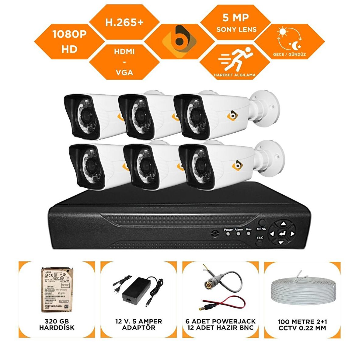 Bycam 6 Kameralı Gece Görüşlü Full Hd 1080P Kamera Seti 320GB HardDisk -6K0D