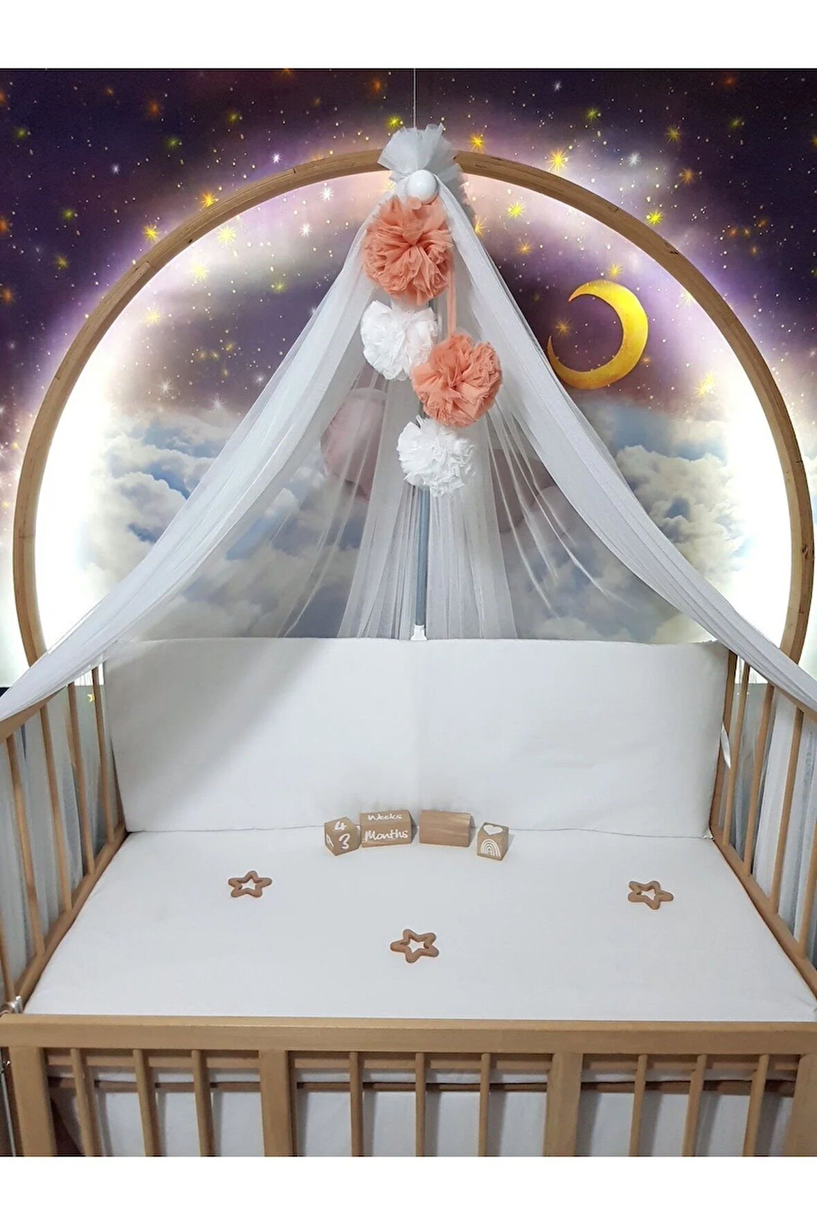 Lüks Cibinlik Takımı - 6 metre Yumuşak Likra Tül - Beyaz ve Somon (Aparat Dahil)