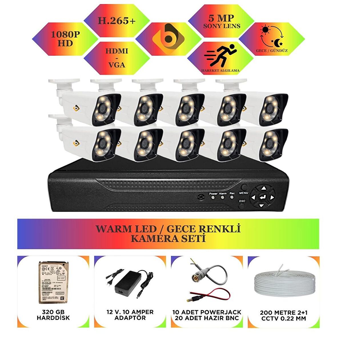 Bycam 10 Kameralı Gece Renkli Full Hd 1080P Kamera Seti 320GB HardDisk -10K0D