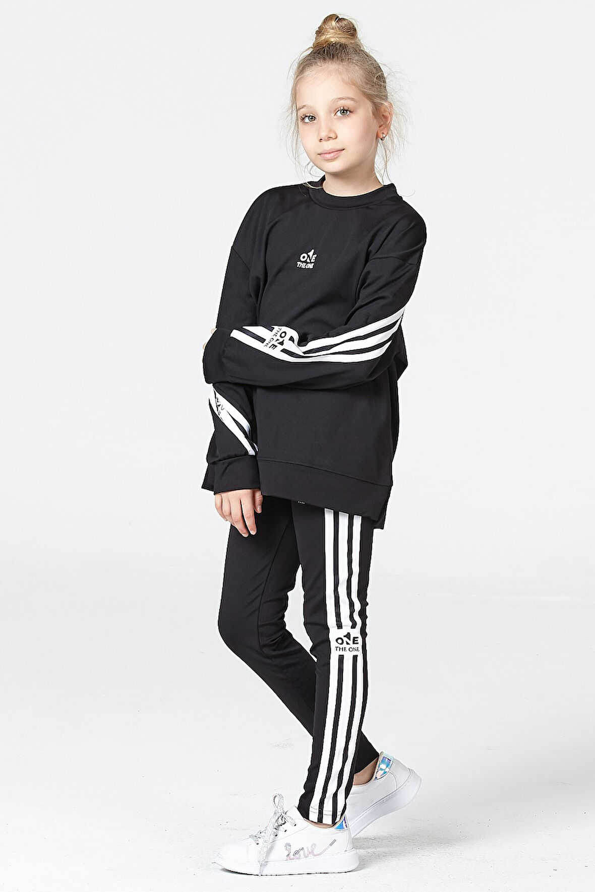 Black One Kız Çocuk Şerit Detaylı Salaş Sweat ve Tayt Spor Takım