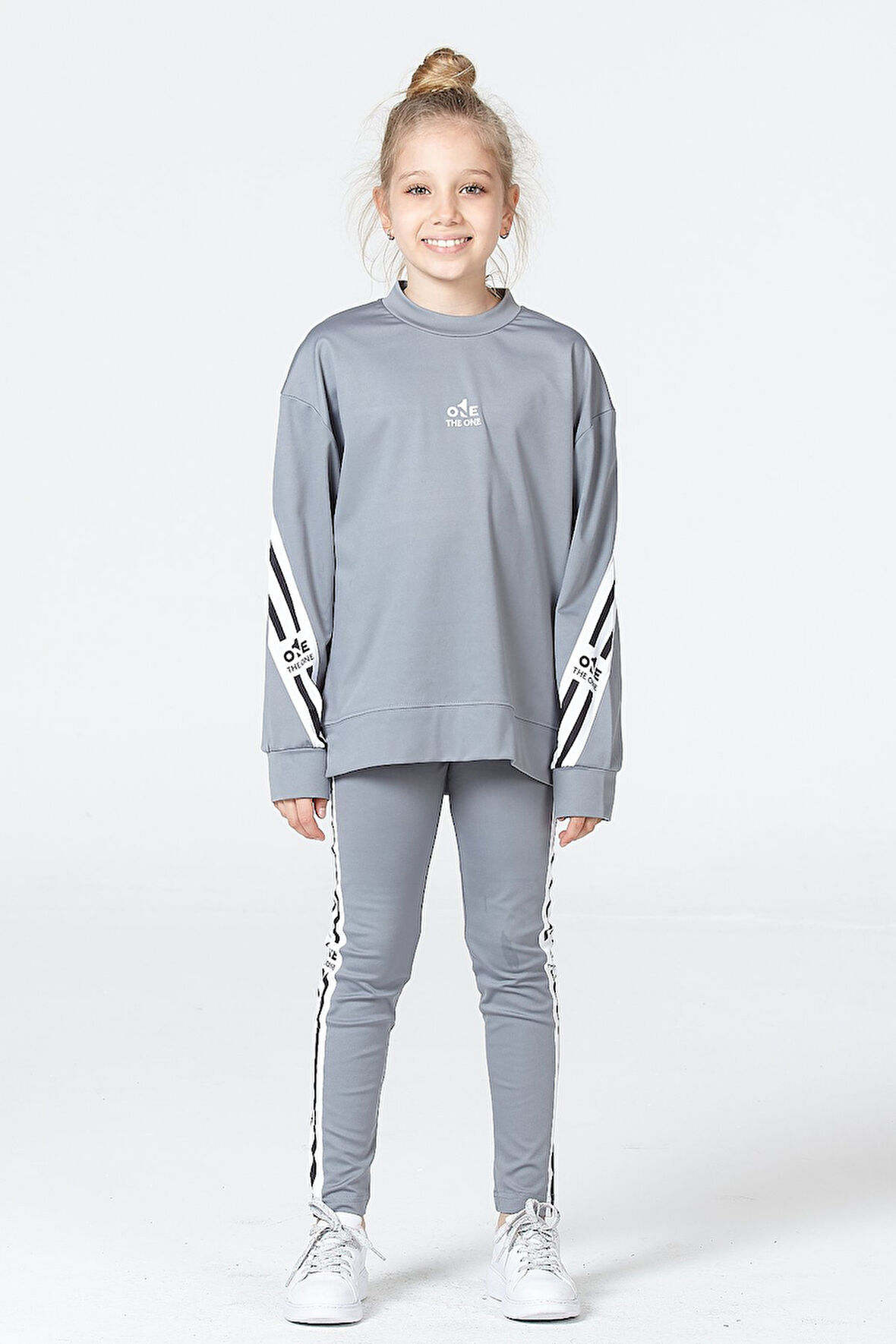 Black One Kız Çocuk Şerit Detaylı Salaş Sweat ve Tayt Spor Takım