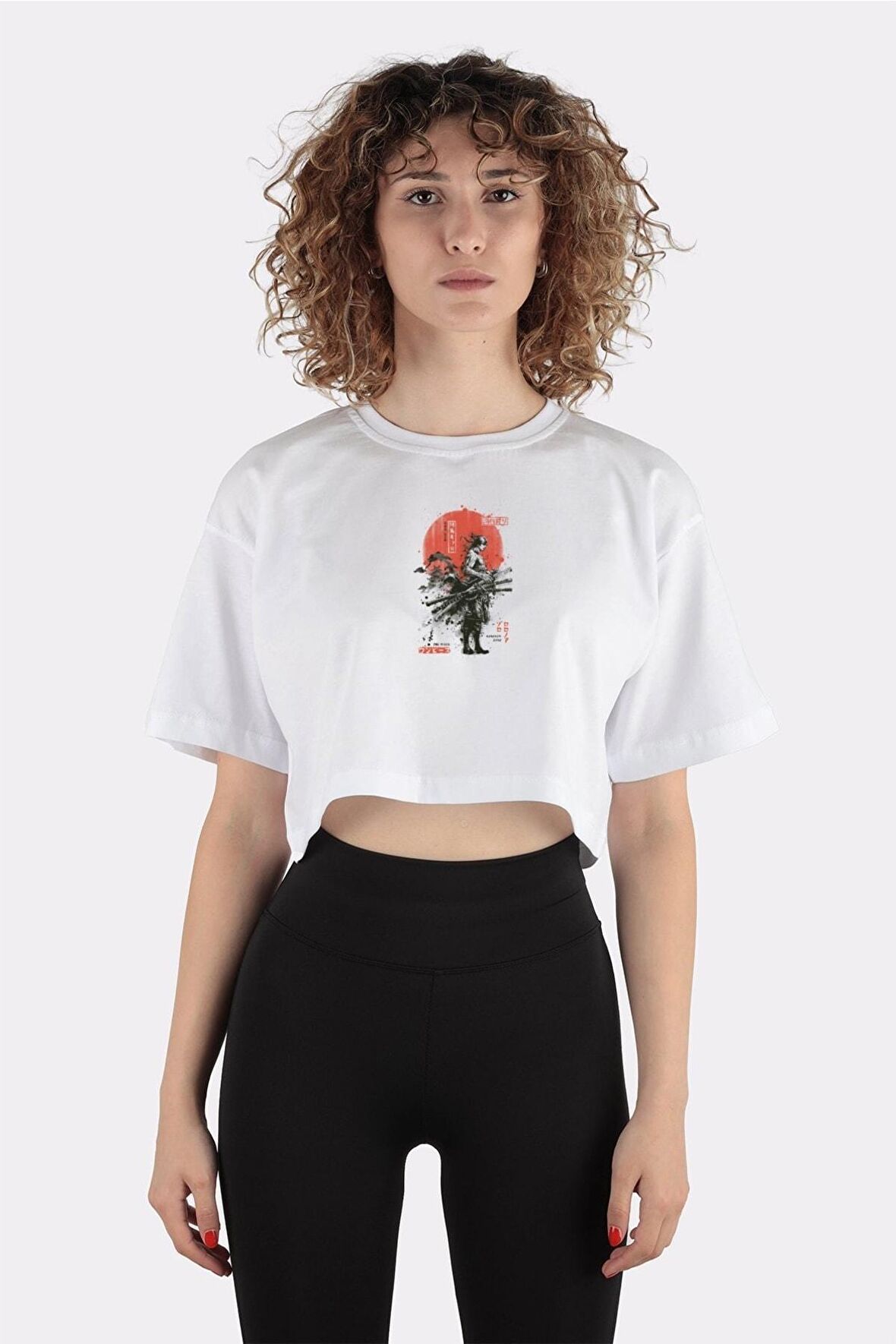 Beyaz %100 Pamuk Bisiklet Yaka Crop T-shirt Zoro Samurai Wano Kuni Arc