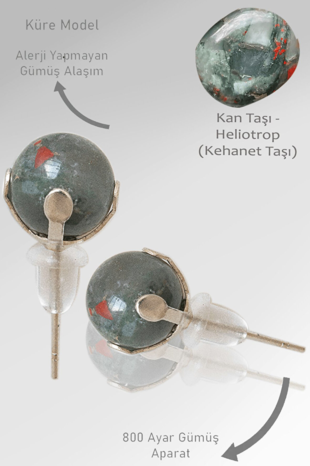 Sertifikalı Gerçek Kan Taşı Nokta Doğal Taş Küpe - Heliotrop Taşı