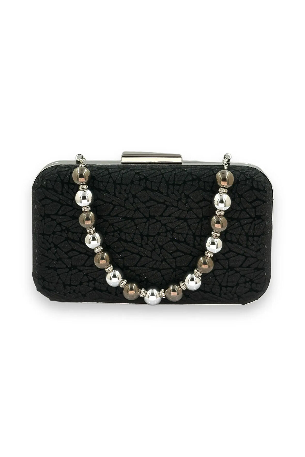 Siyah Renk Inci Saplı Lazer Desenli Abiye Çanta Gece Çantası ZSedefr Askılı Portföy Clutch