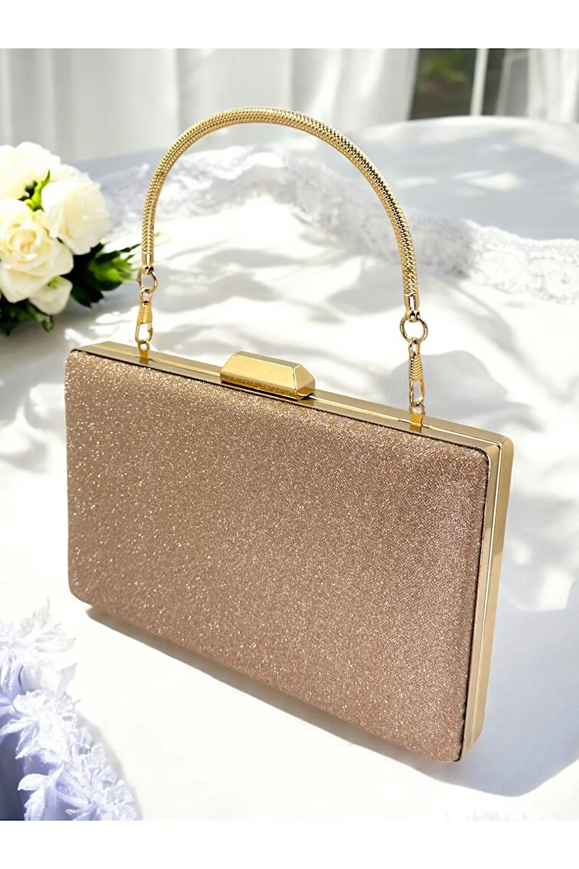 Rose - Gold Renk Taş Sim Dökülmeyen Sim Kadın Abiye Çanta Düğün Nişan Mezuniyet