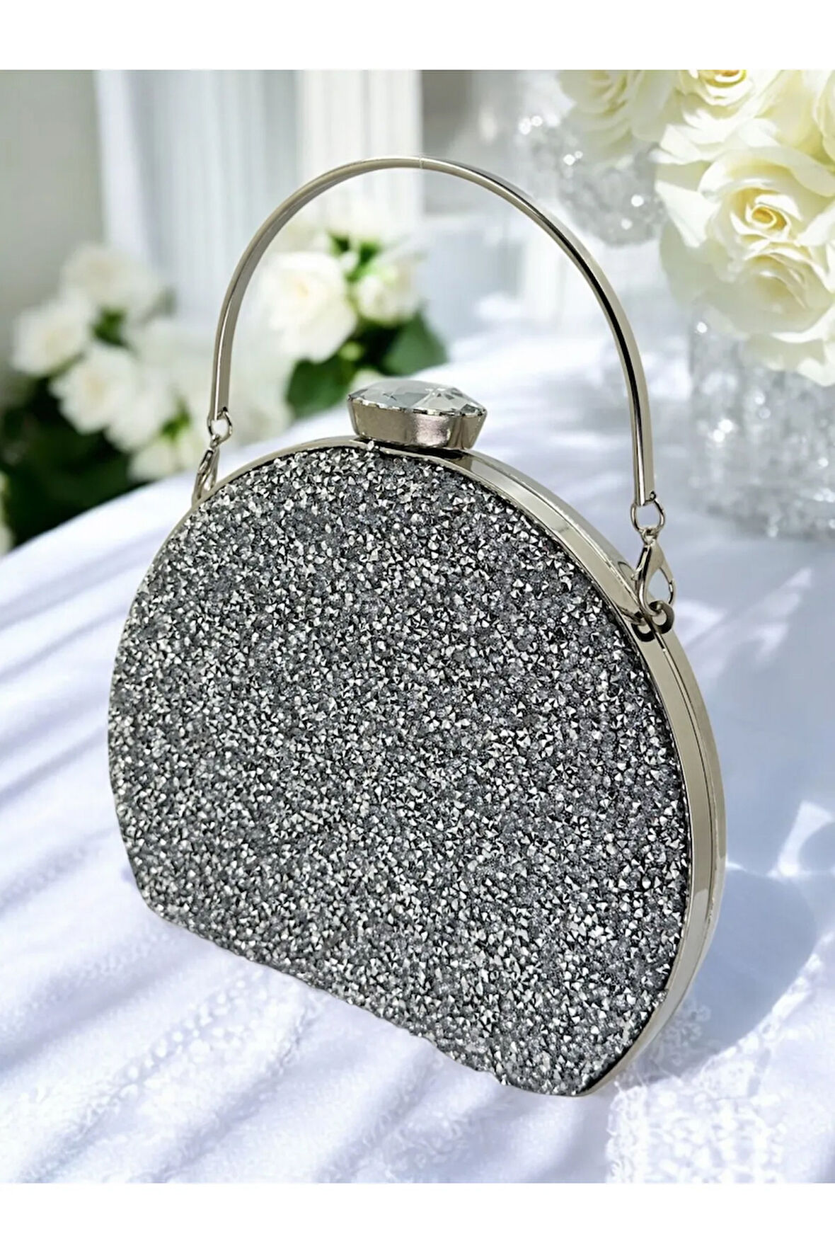 Gümüş Renk İri Taşlı Metal Saplı Kadın Abiye Çanta Düğün Nikah Nişan Mezuniyet