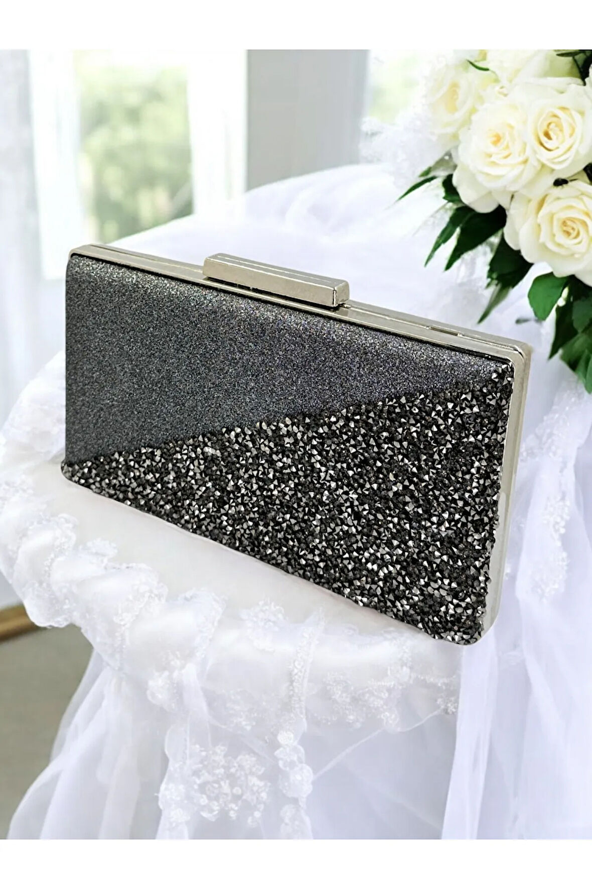 Antrasit Gri Platin Renk Iri Taşlı Metal Saplı Kadın Abiye Çanta Düğün Nikah Nişan Mezuniyet