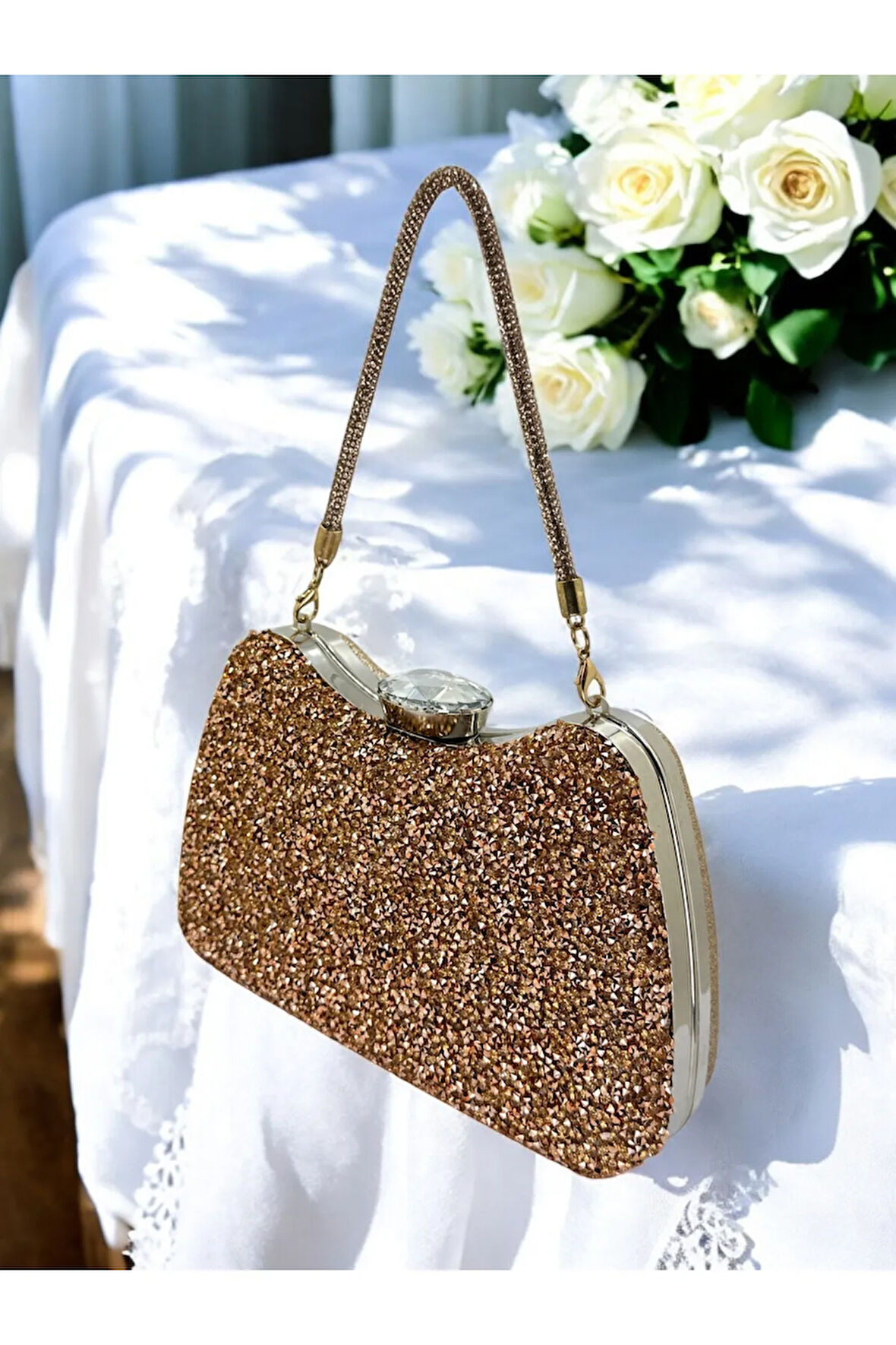 Rose - Gold Renk Iri Taşlı Metal Saplı Kadın Abiye Çanta Düğün Nikah Nişan Mezuniyet