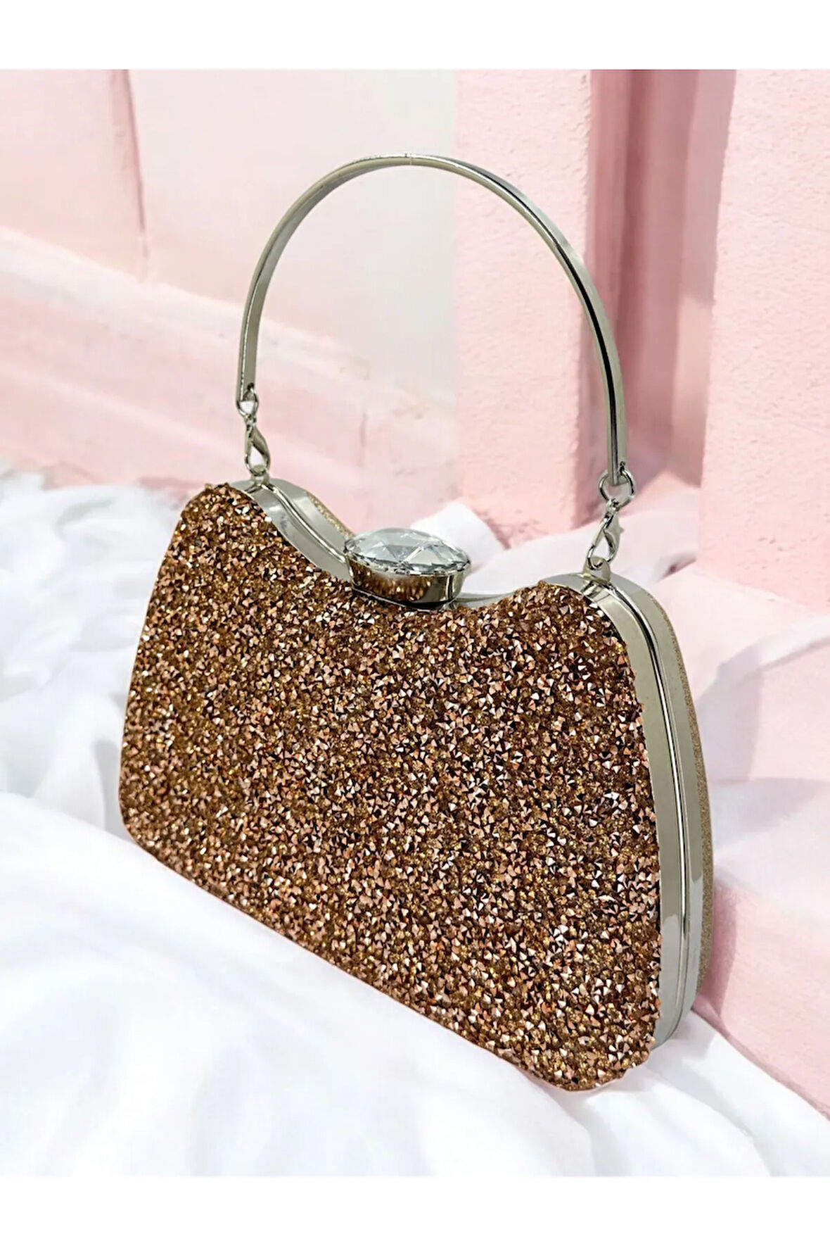 Rose - Gold Renk Iri Taşlı Metal Saplı Kadın Abiye Çanta Düğün Nikah Nişan Mezuniyet