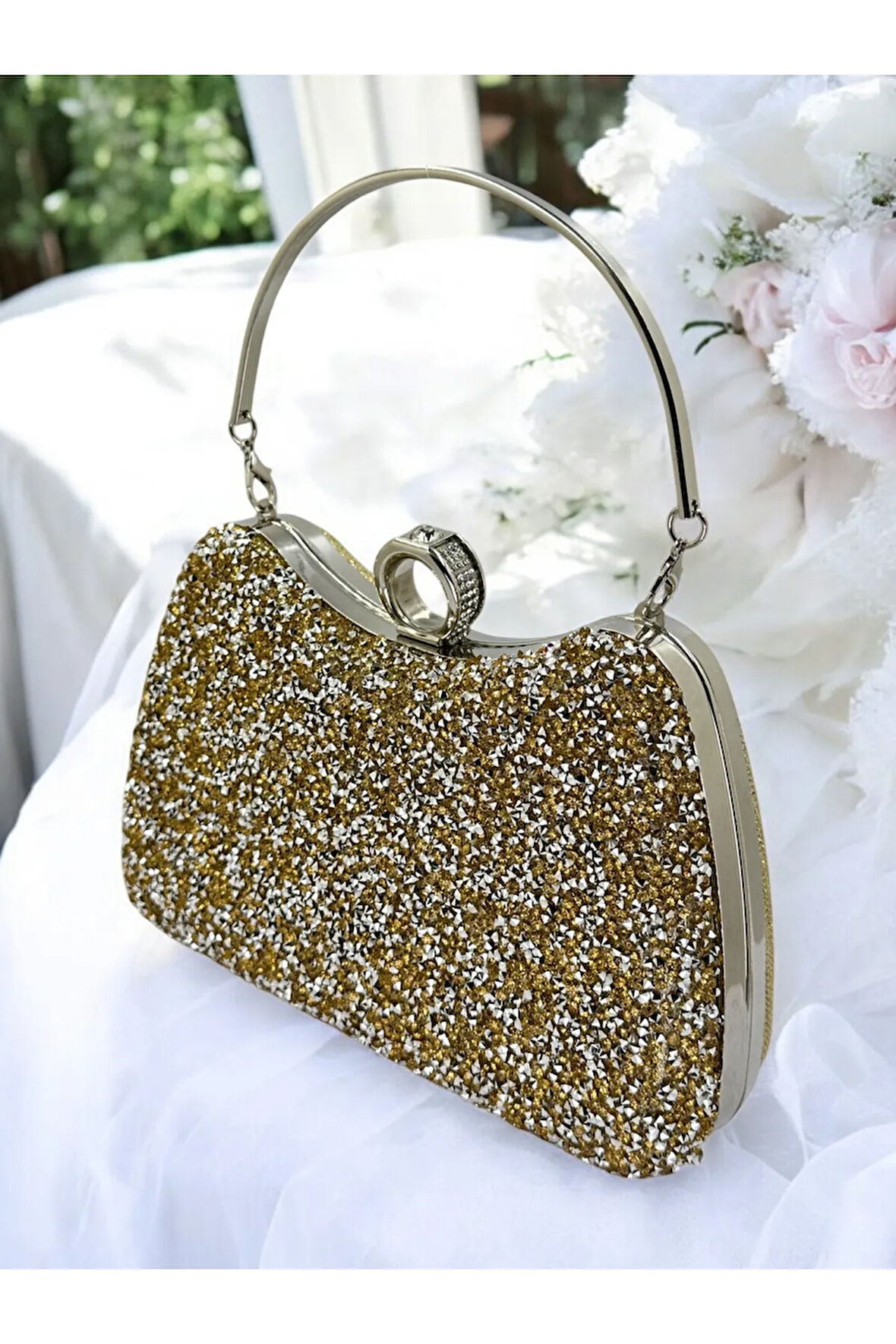 Altın Gold Dore Renk Iri Taşlı Metal Saplı Kadın Abiye Çanta Düğün Nikah Nişan Mezuniyet